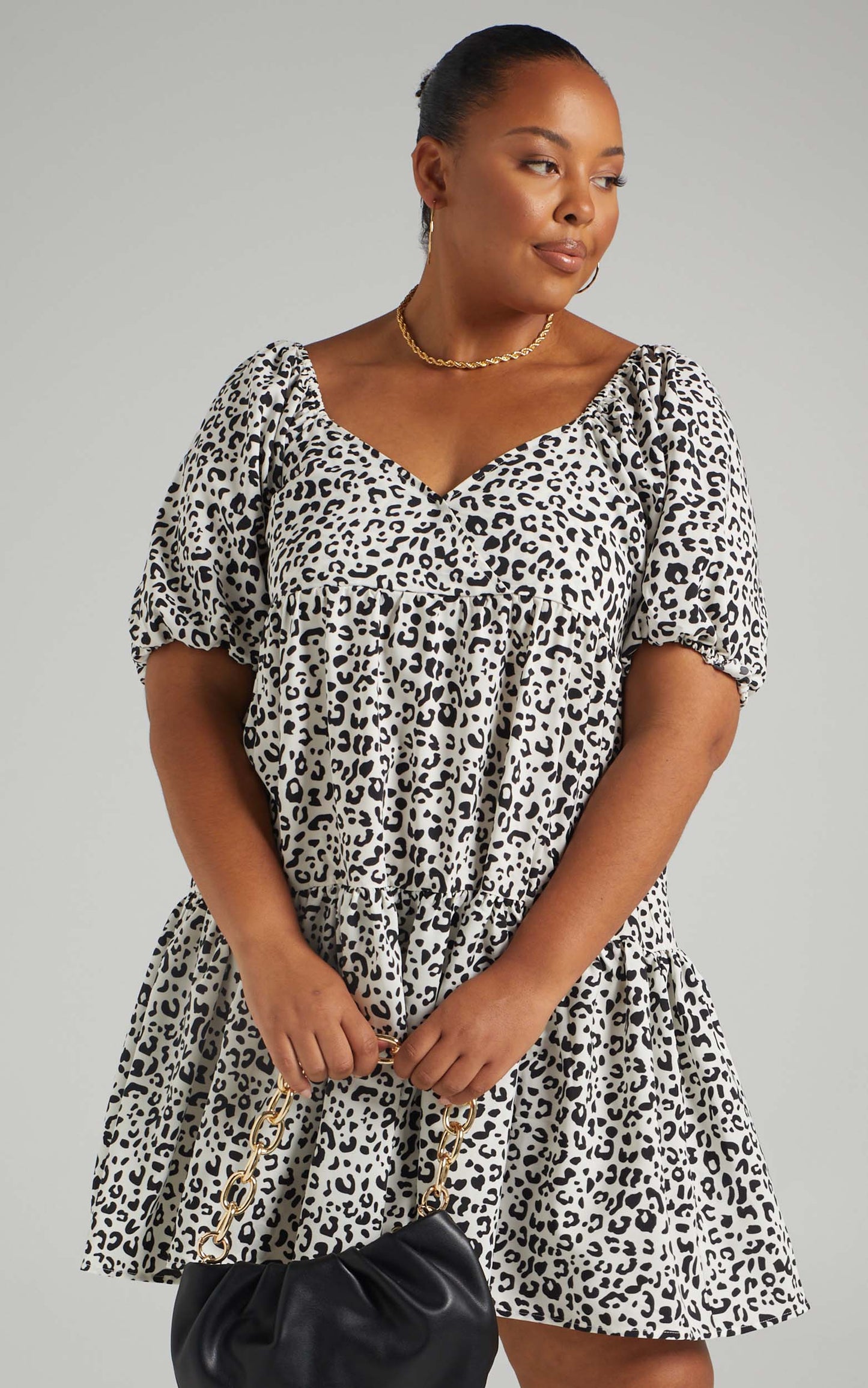 Maggie Puff Sleeve Tiered Mini Dress in Black Print