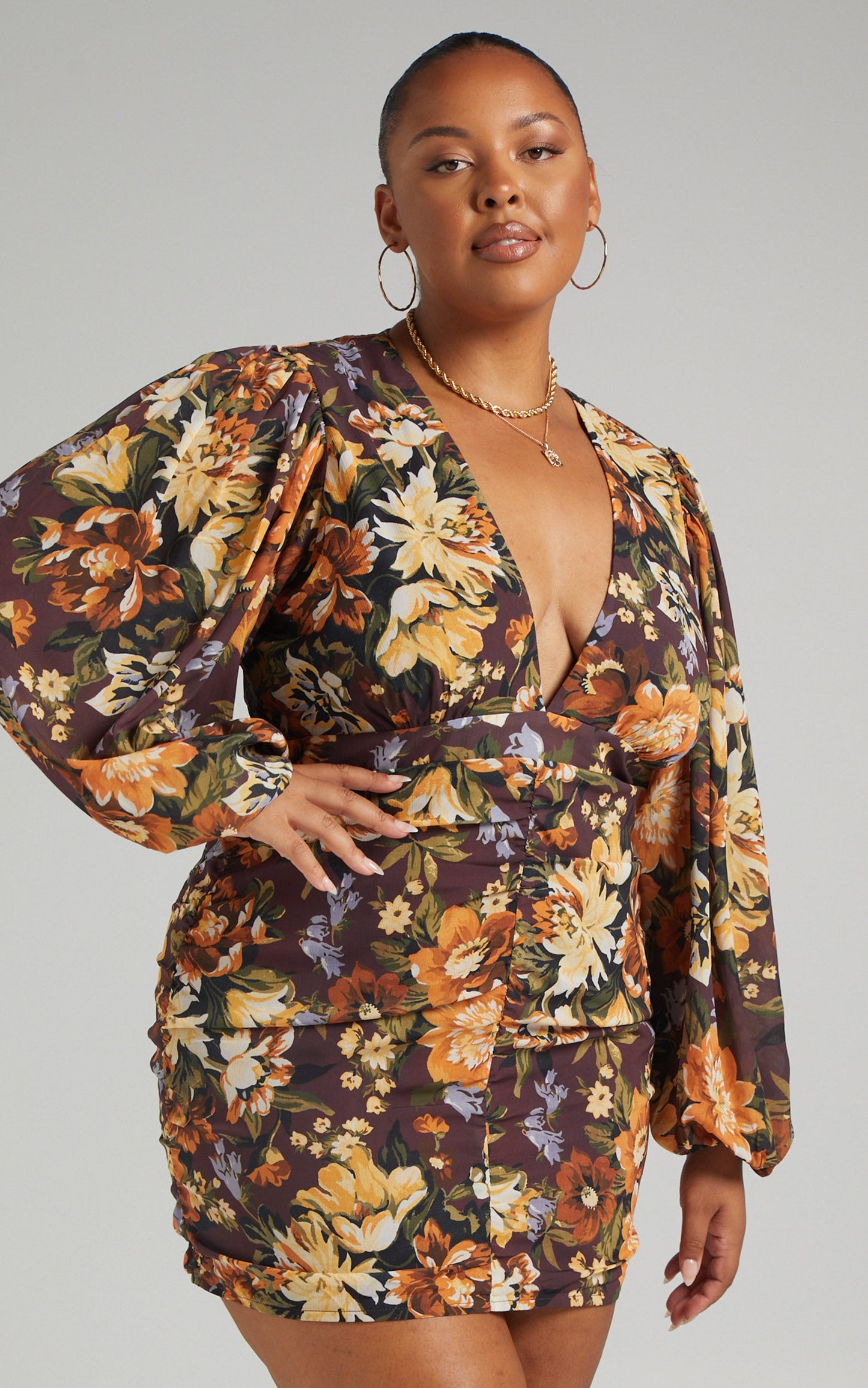 Latiana Mini Dress - Ruched Plunge Neck Dress in Indulgent Bloom