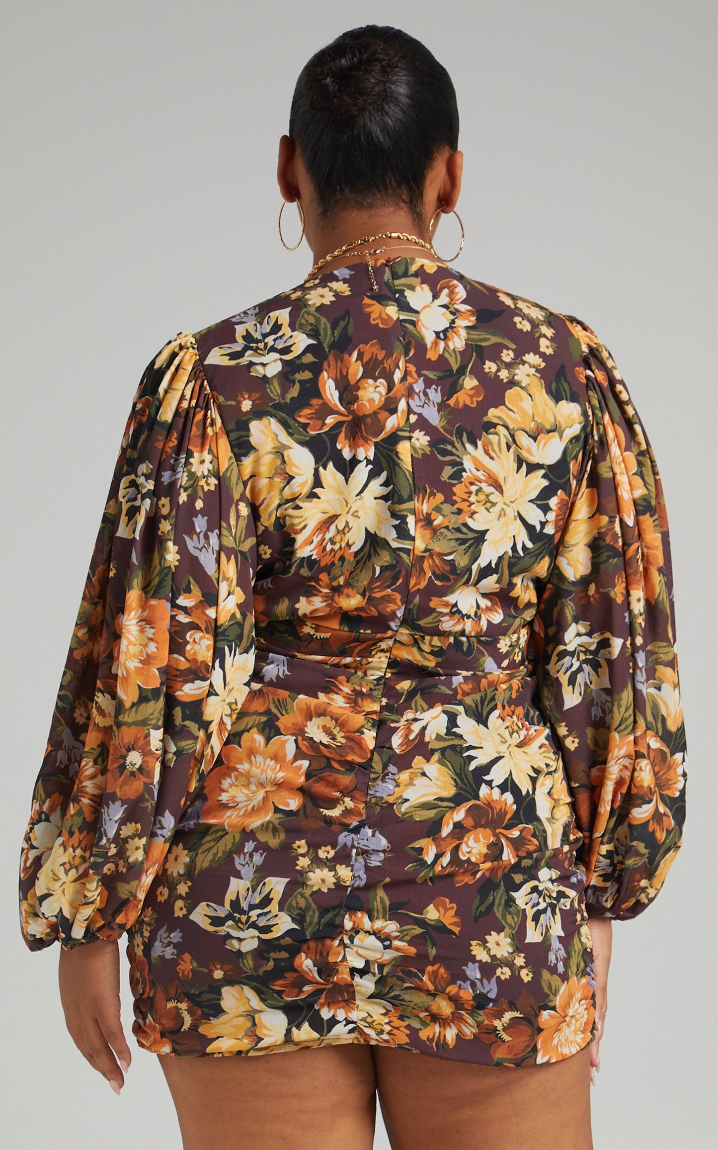 Latiana Mini Dress - Ruched Plunge Neck Dress in Indulgent Bloom