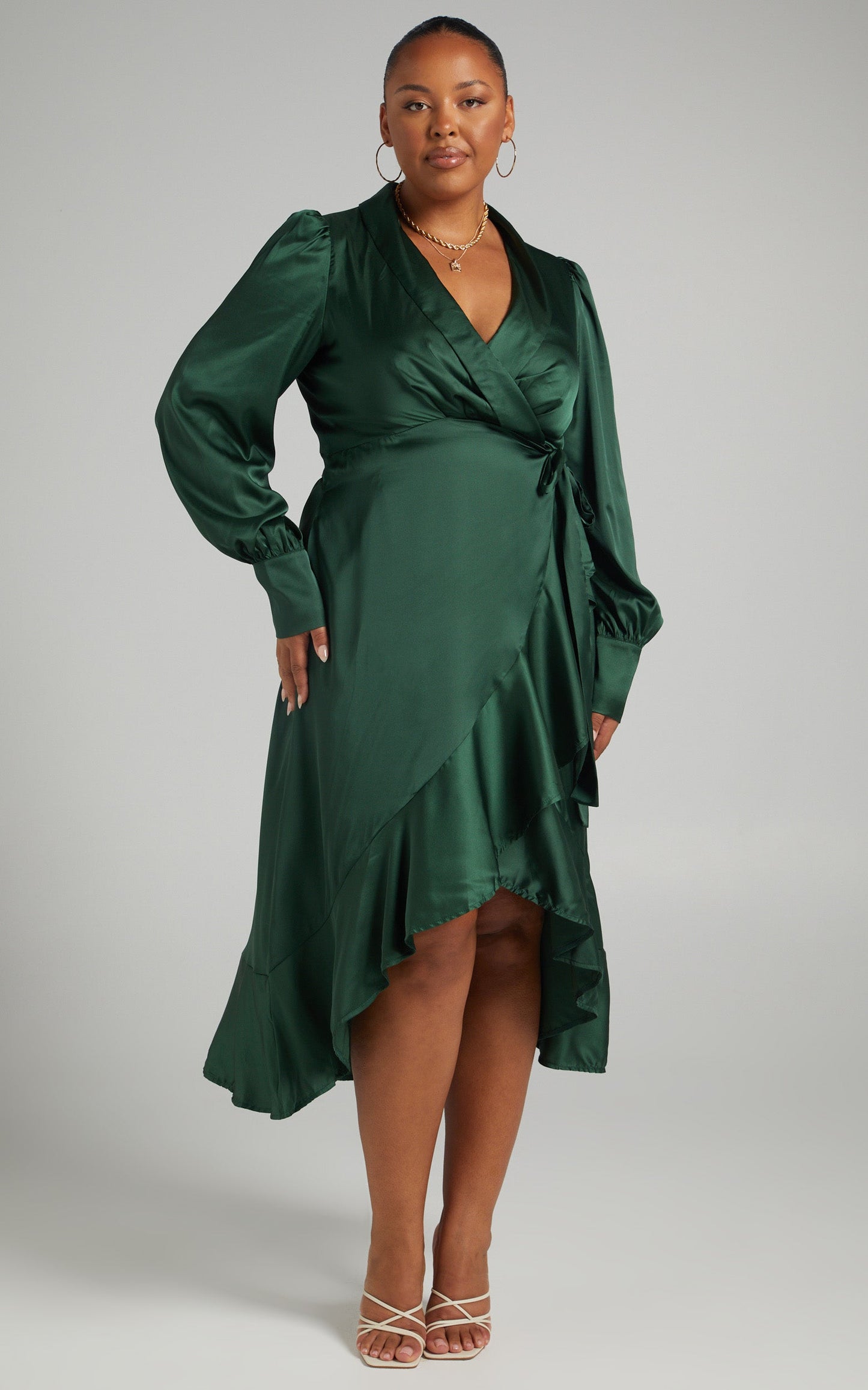 Rada Midi Dress - Long Sleeve Frill Wrap Dress in Forest Green