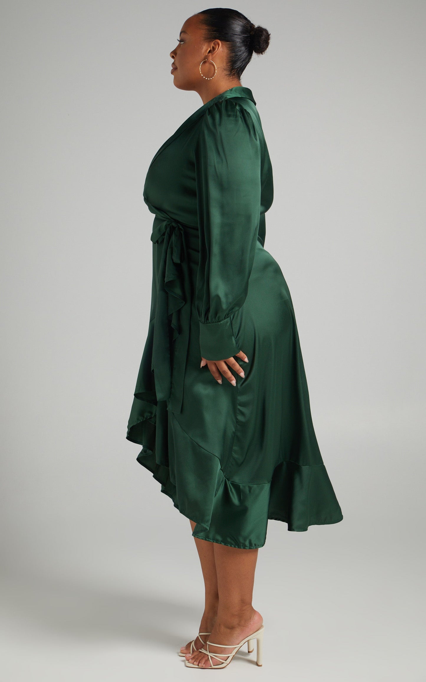 Rada Midi Dress - Long Sleeve Frill Wrap Dress in Forest Green