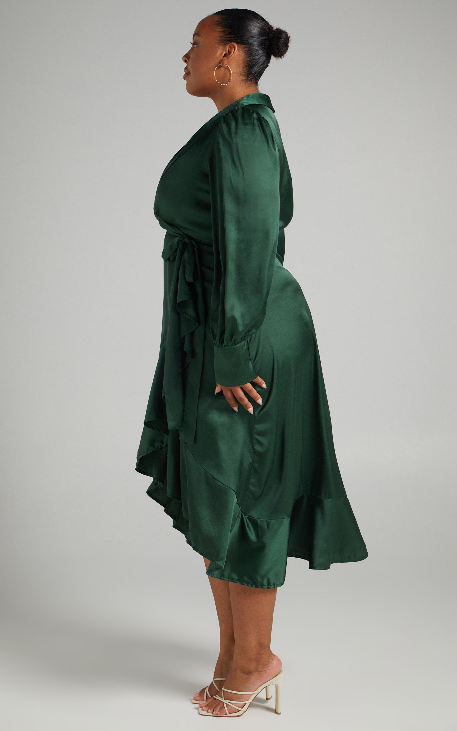 Rada Midi Dress - Long Sleeve Frill Wrap Dress in Forest Green