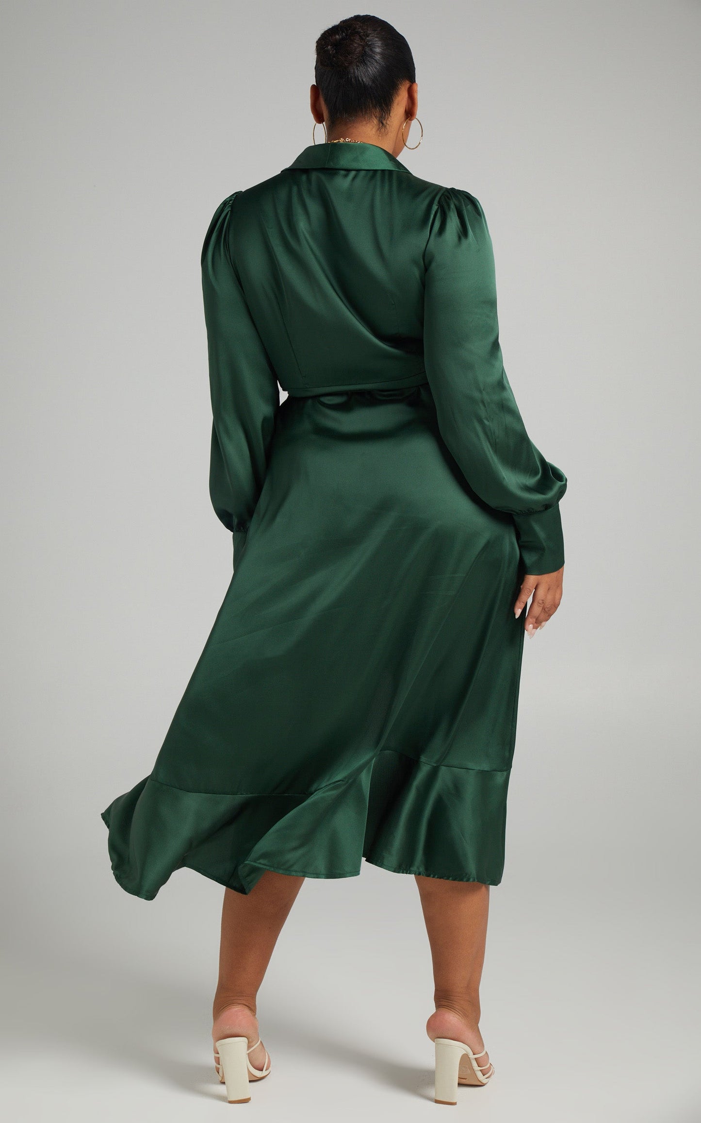 Rada Midi Dress - Long Sleeve Frill Wrap Dress in Forest Green