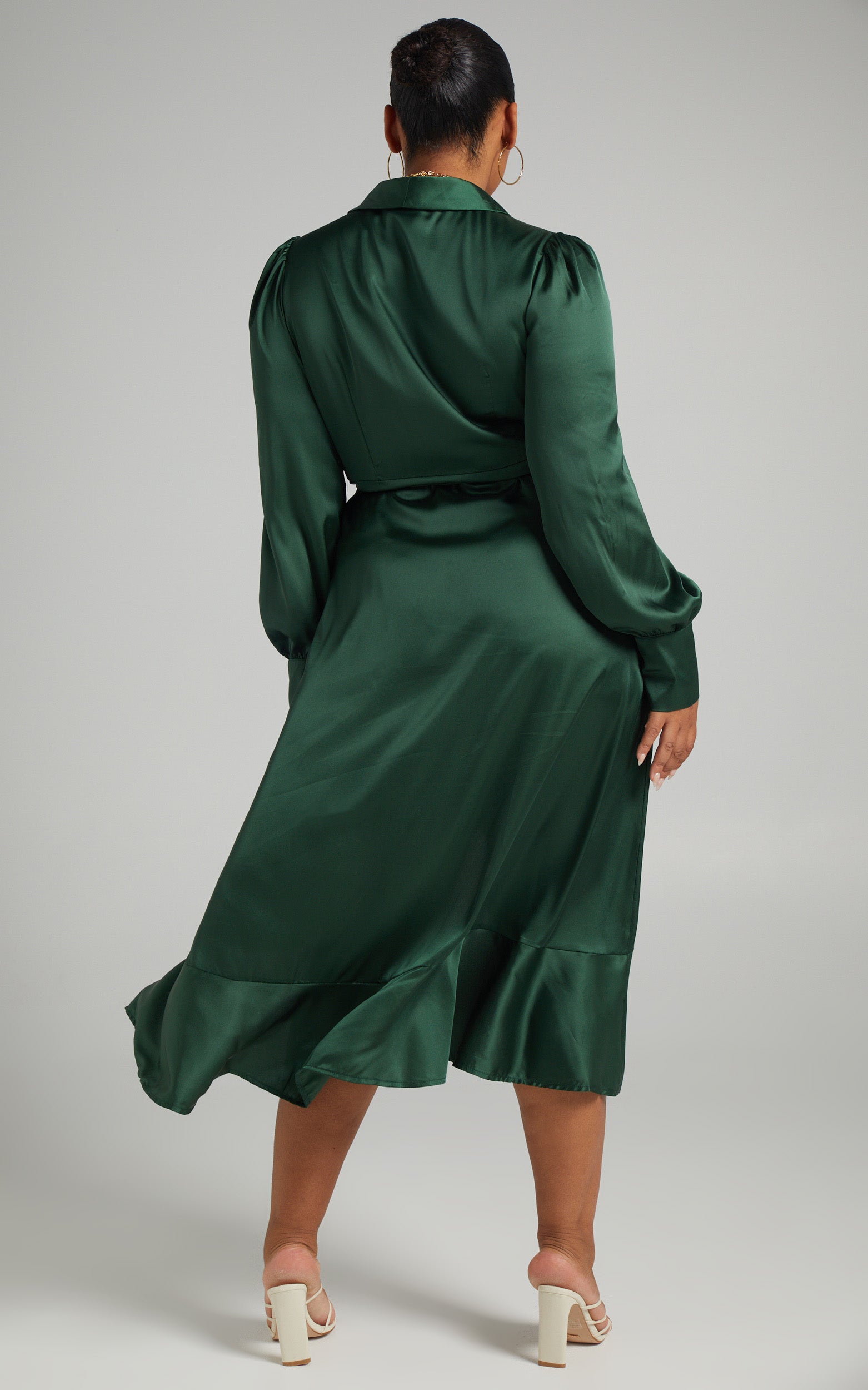 Rada Midi Dress - Long Sleeve Frill Wrap Dress in Forest Green