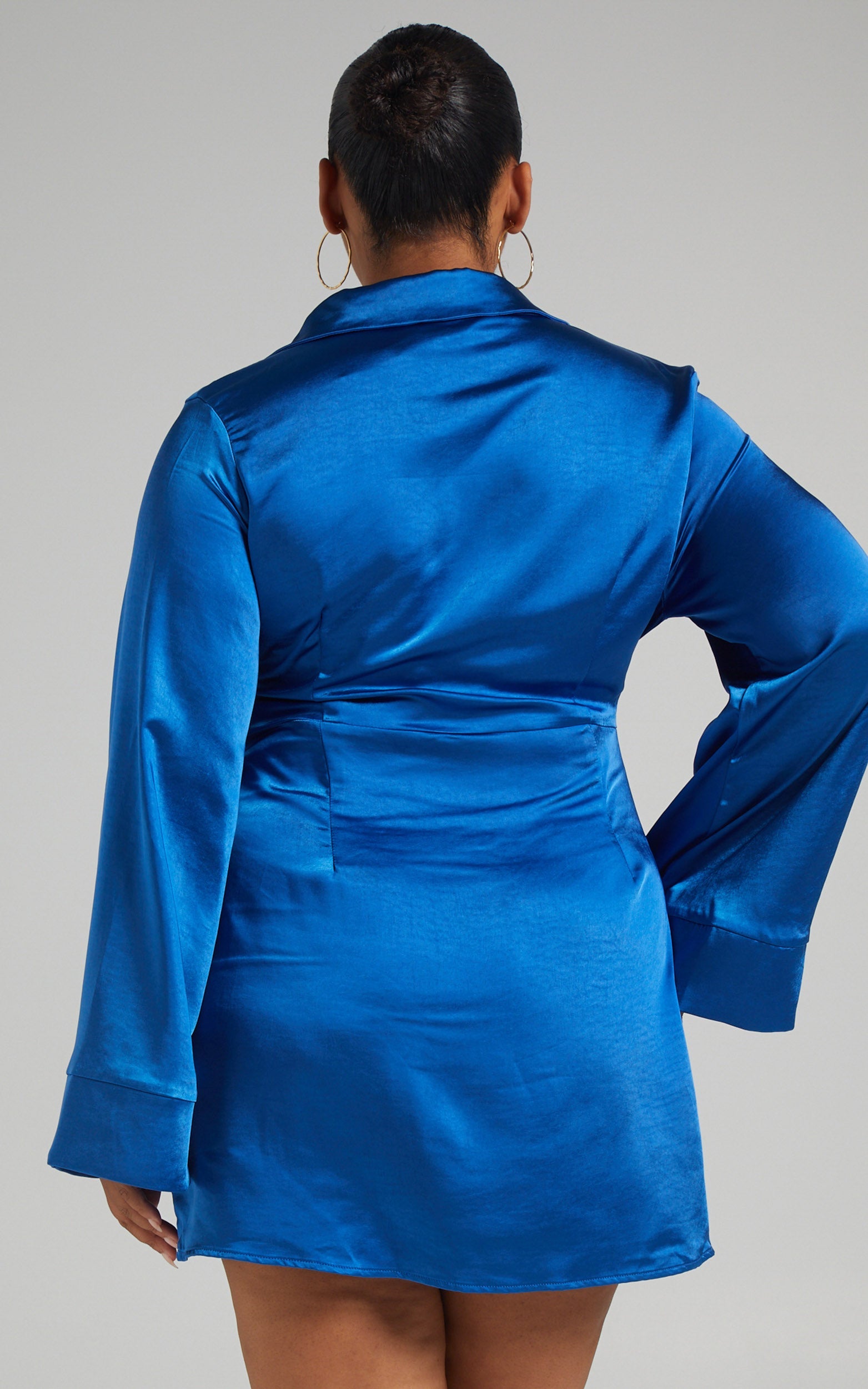 Hadid Mini Dress - Button Down Waist Tie Shirt Dress in Electric Blue