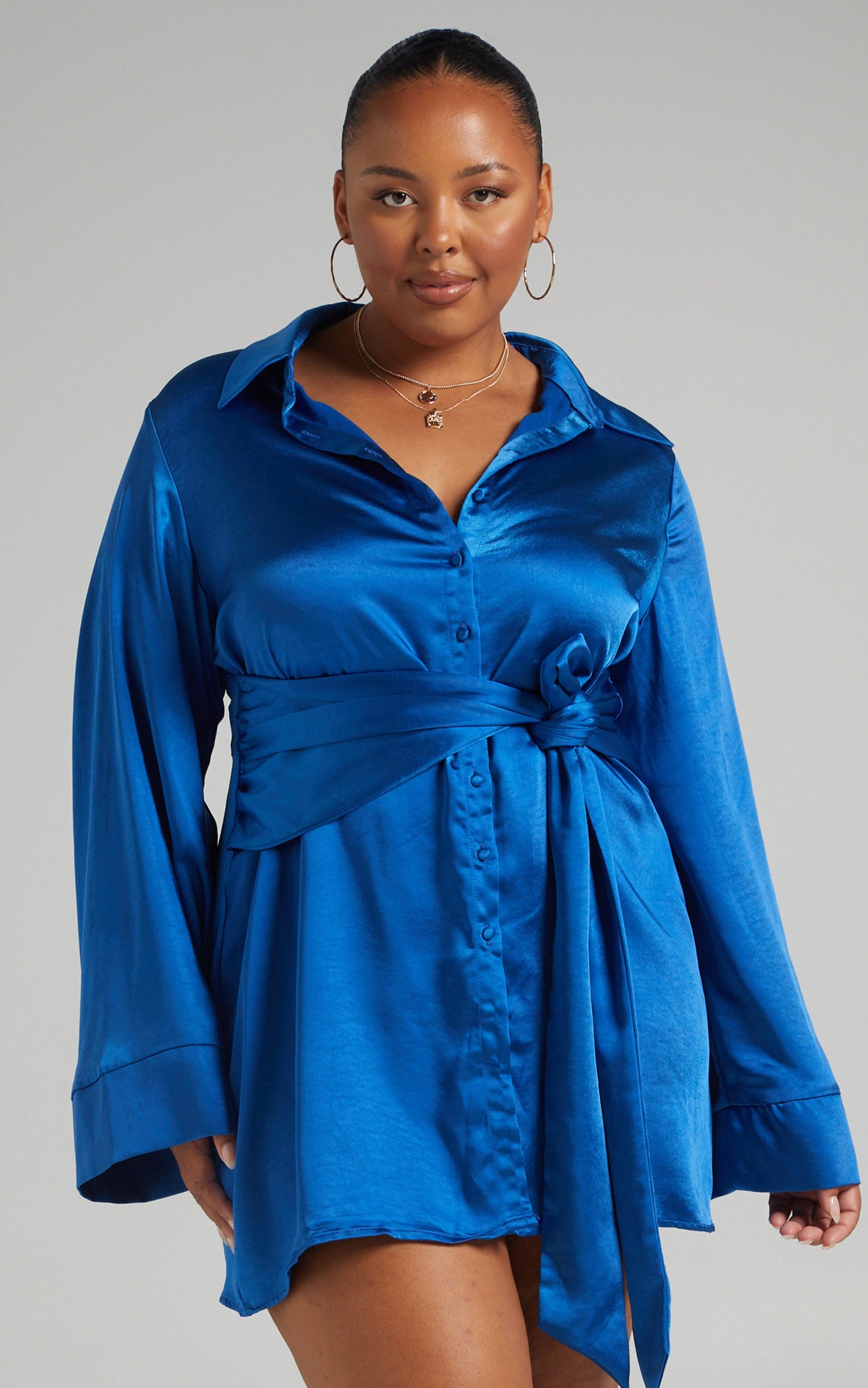 Hadid Mini Dress - Button Down Waist Tie Shirt Dress in Electric Blue