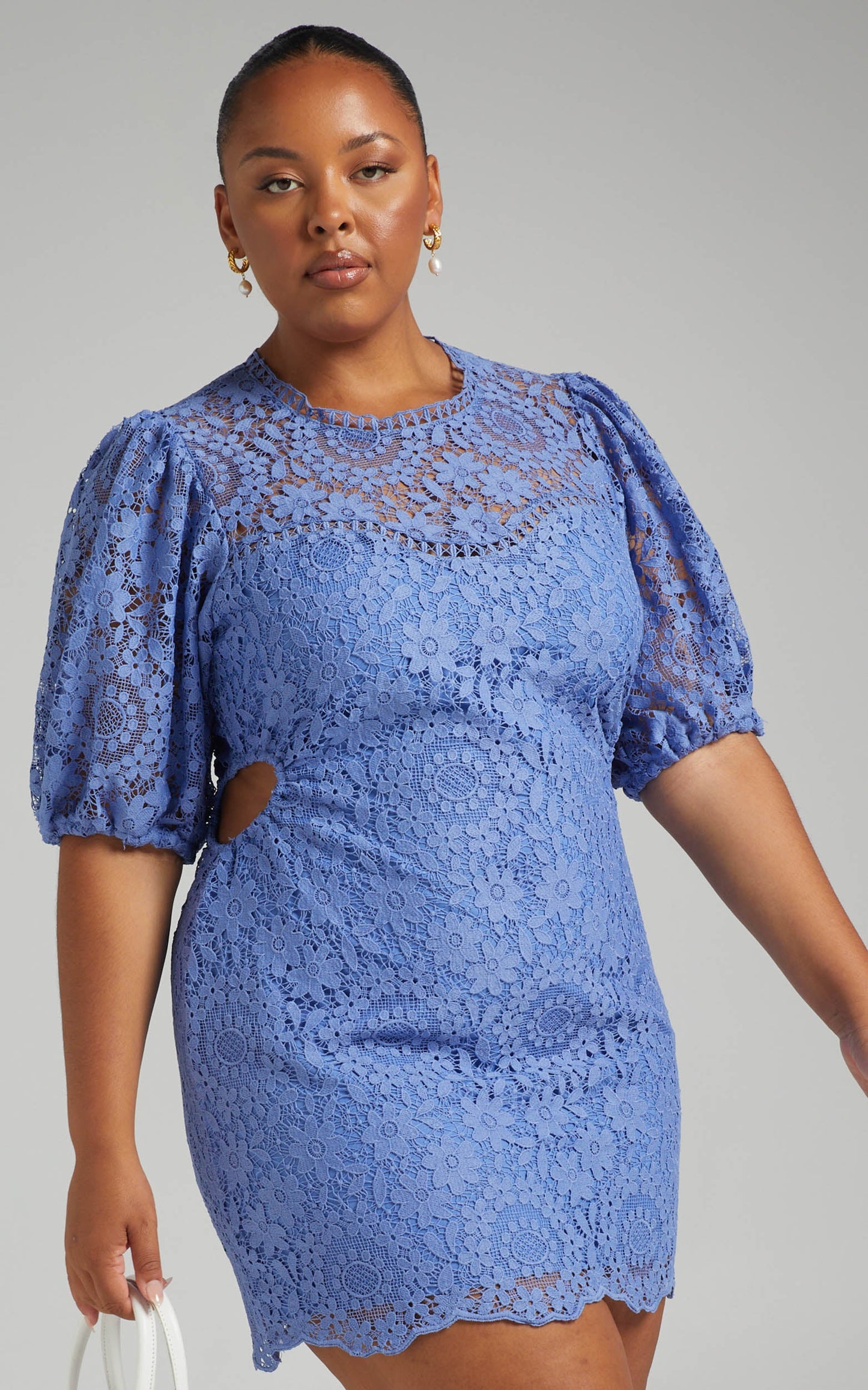 Marseille Puff Sleeve Lace Mini Dress in Cornflower Blue