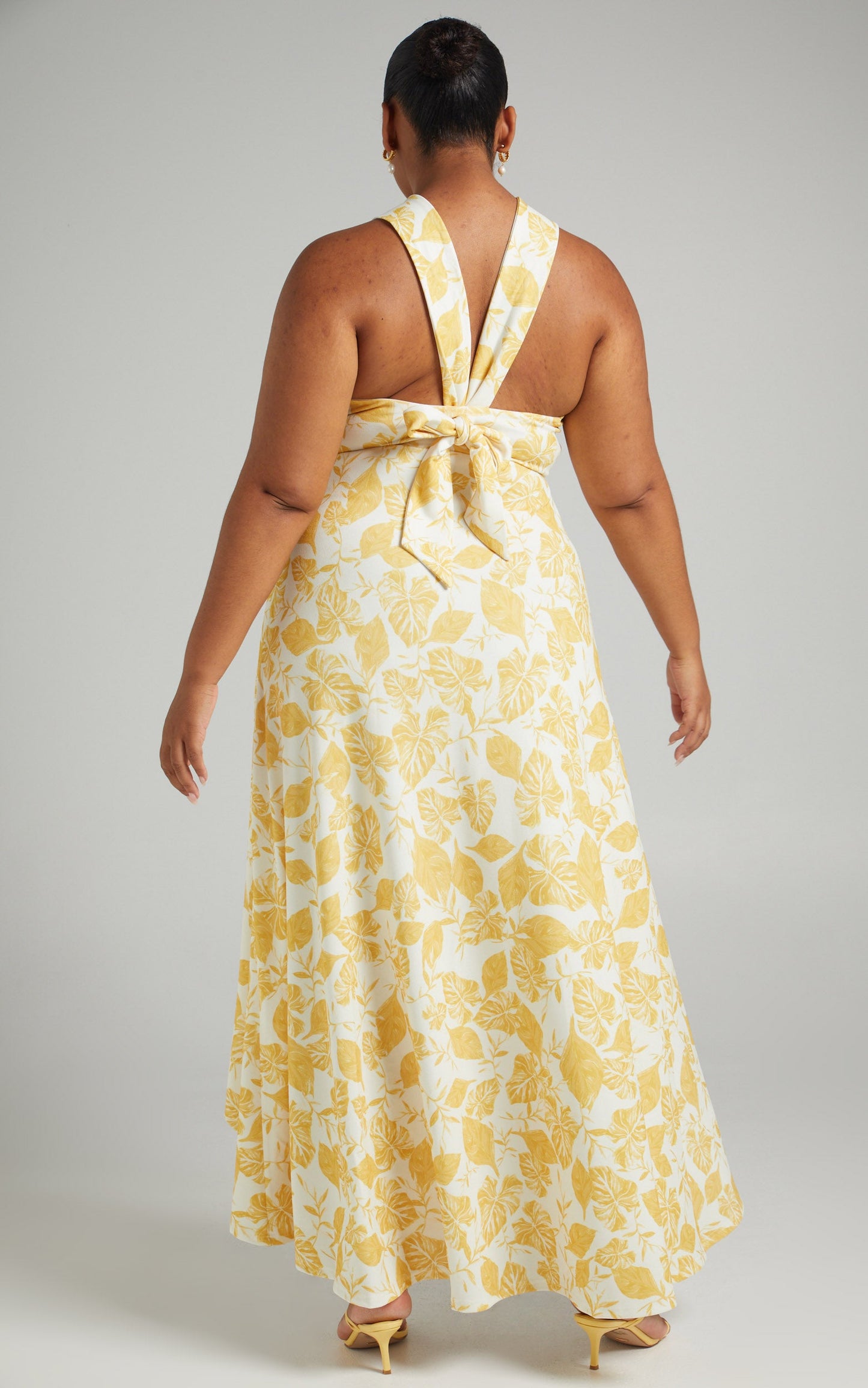 Erskine Knot Front High Low Maxi Dress in Yellow Leaf