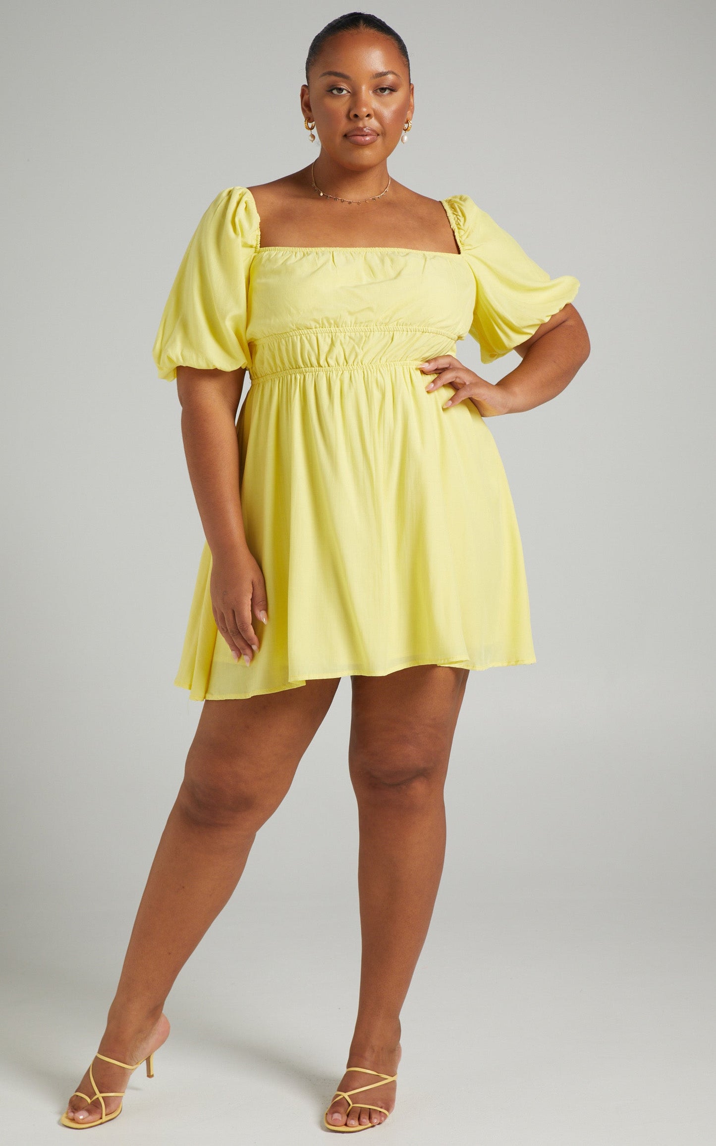 Maretta Mini Dress - Stretch Waist Square Neck Dress in Butter Yellow