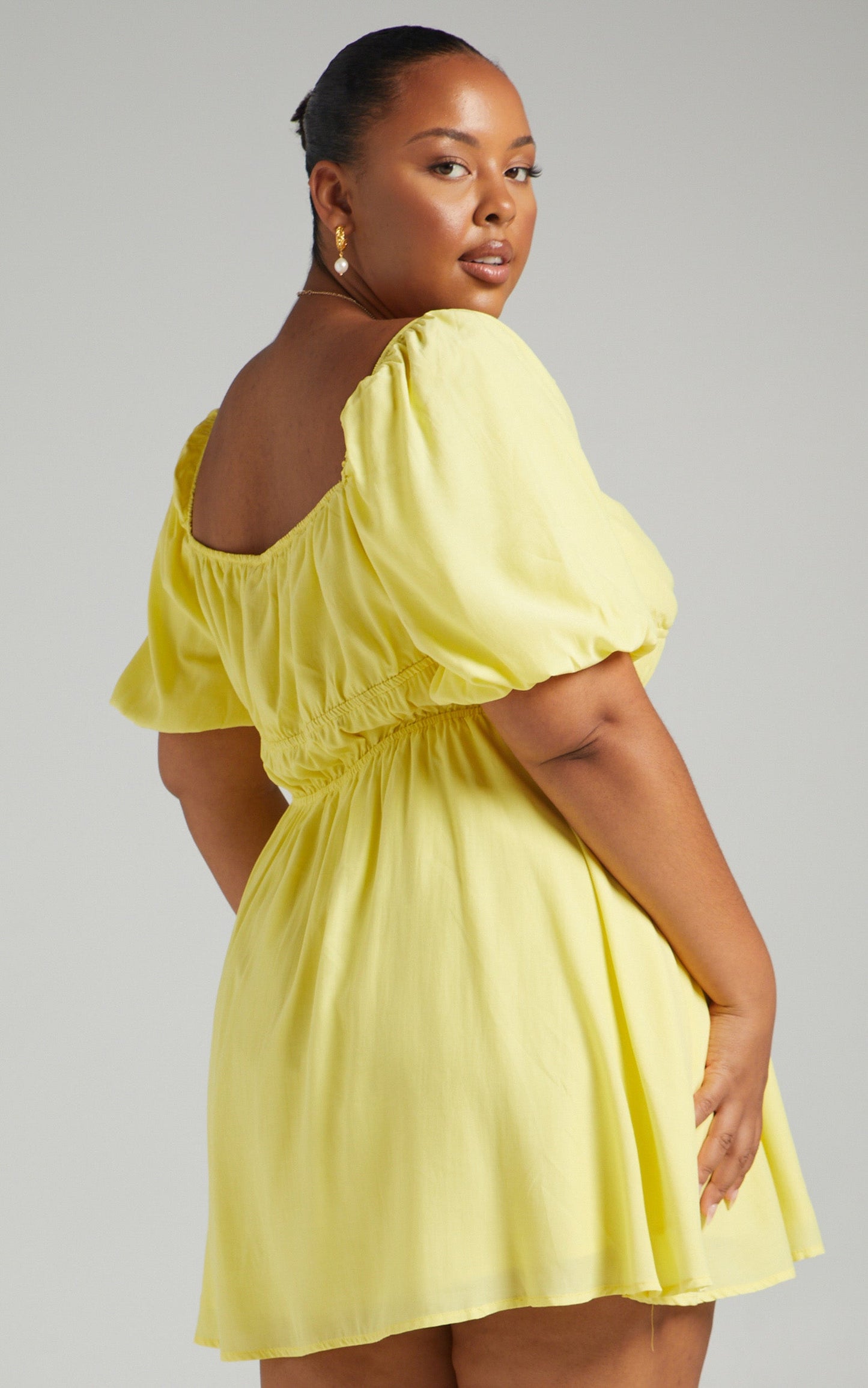 Maretta Mini Dress - Stretch Waist Square Neck Dress in Butter Yellow