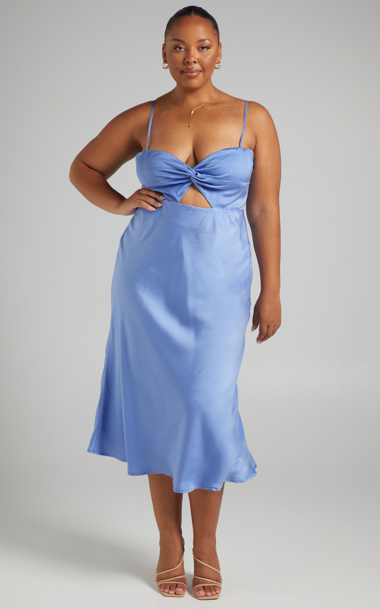 Tomoni Flounce Shoulder Midi Dress in Cornflower Blue