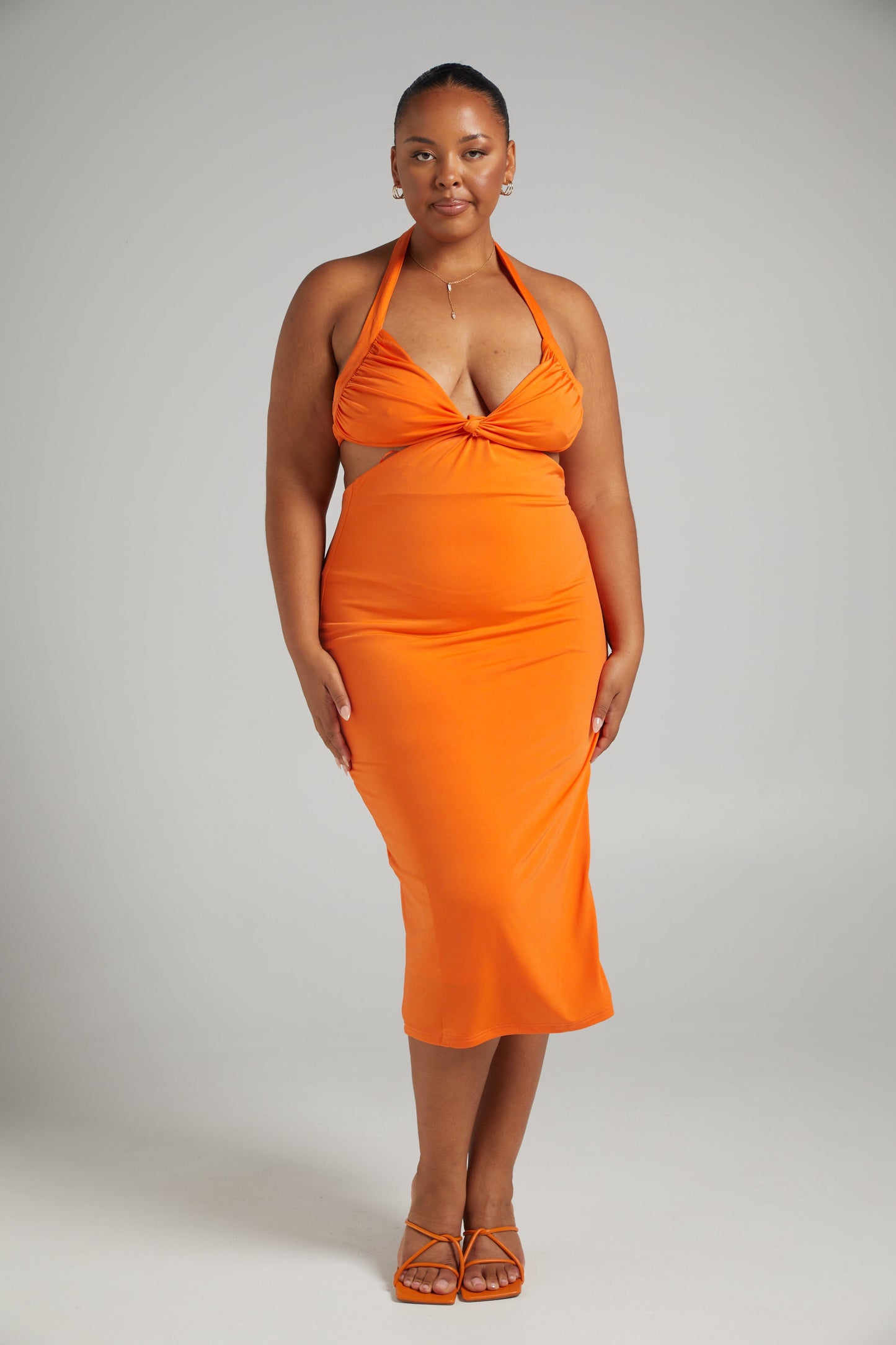 Maurine Halter Neck Cut Out Midi Dress in Orange