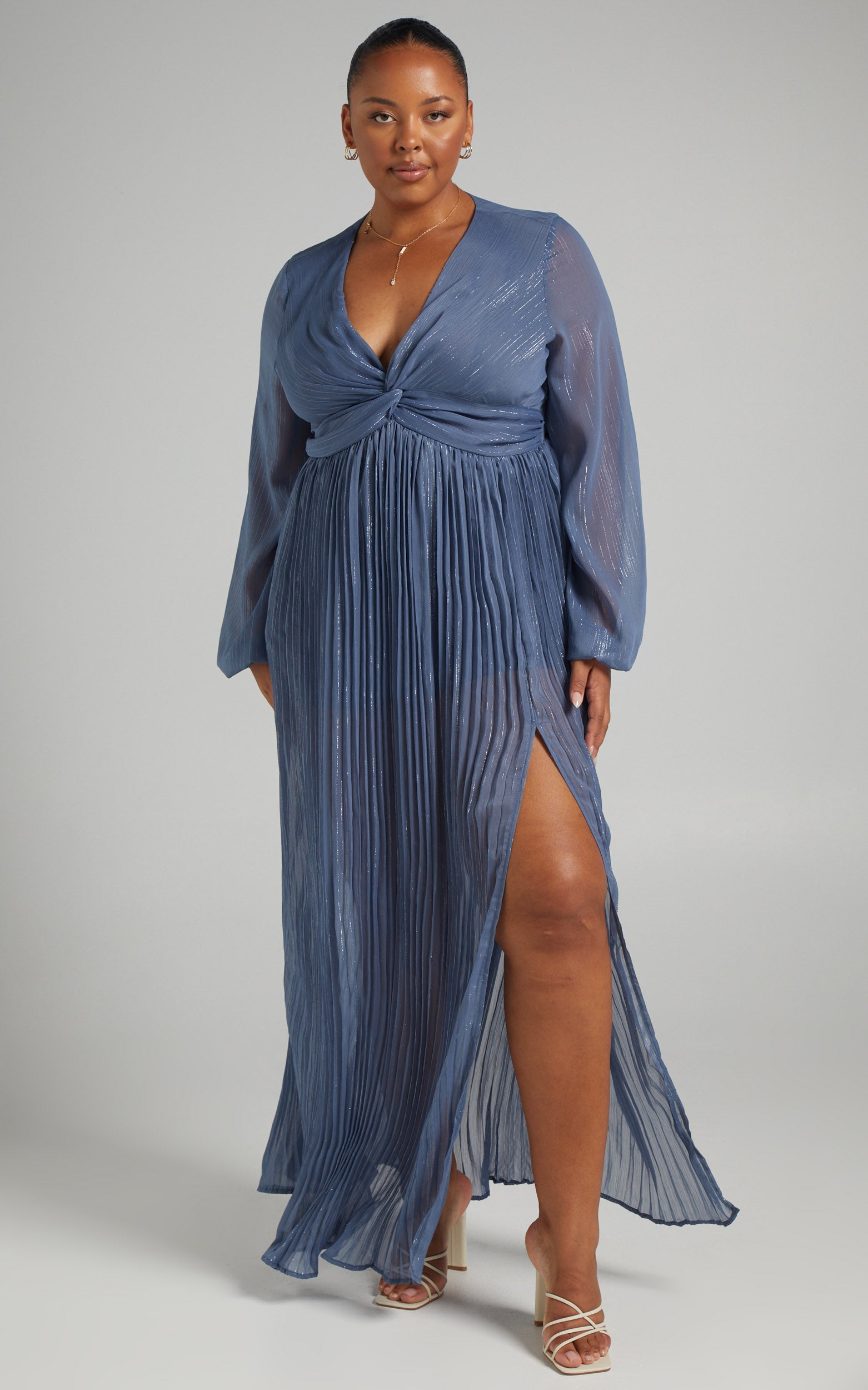 Alona Long Sleeve Twist Front Pleated Maxi Dress in Steel Blue