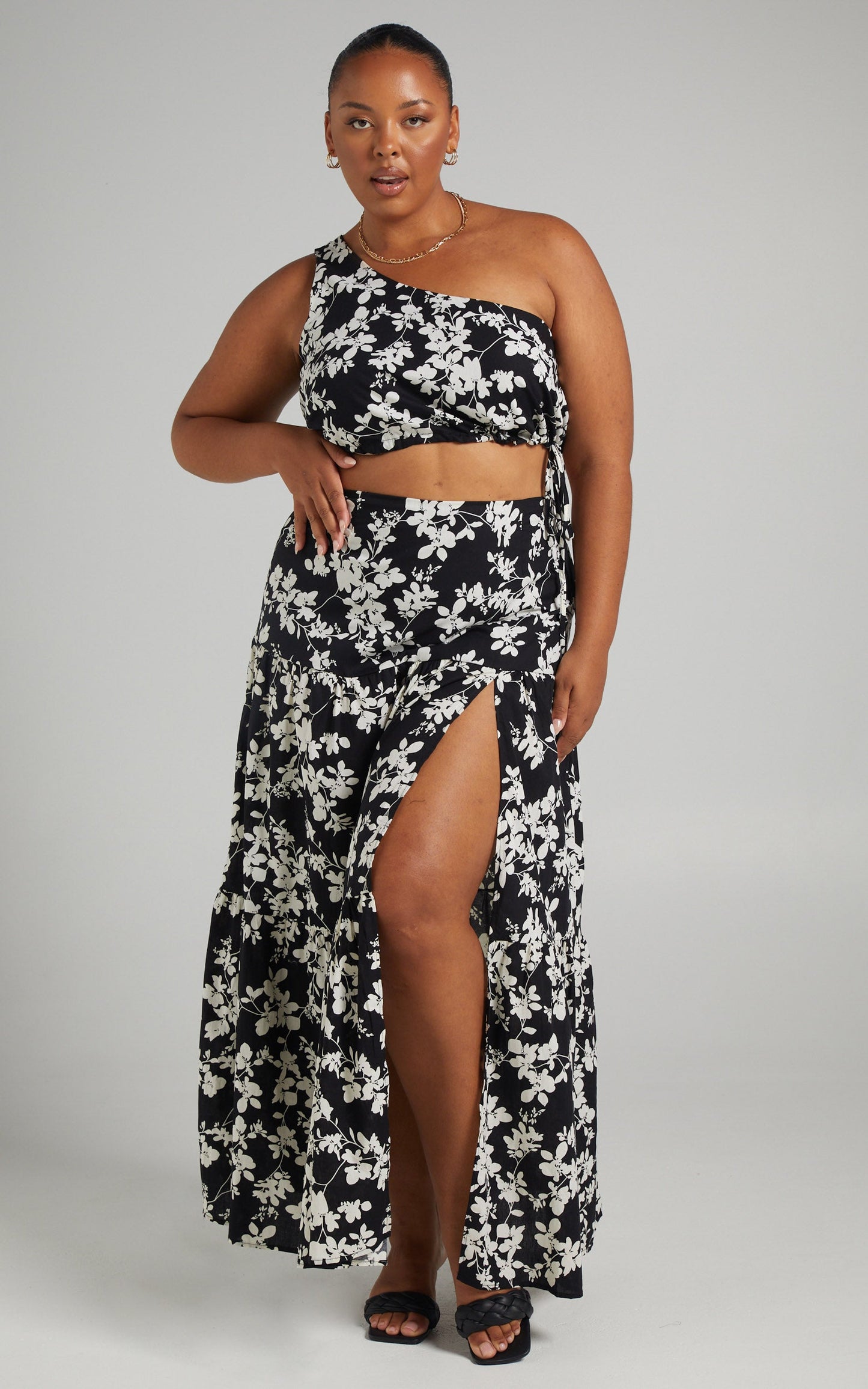 Meghan Two Piece Set - One Shoulder Crop Top and Midi Skirt Set in Black Floral