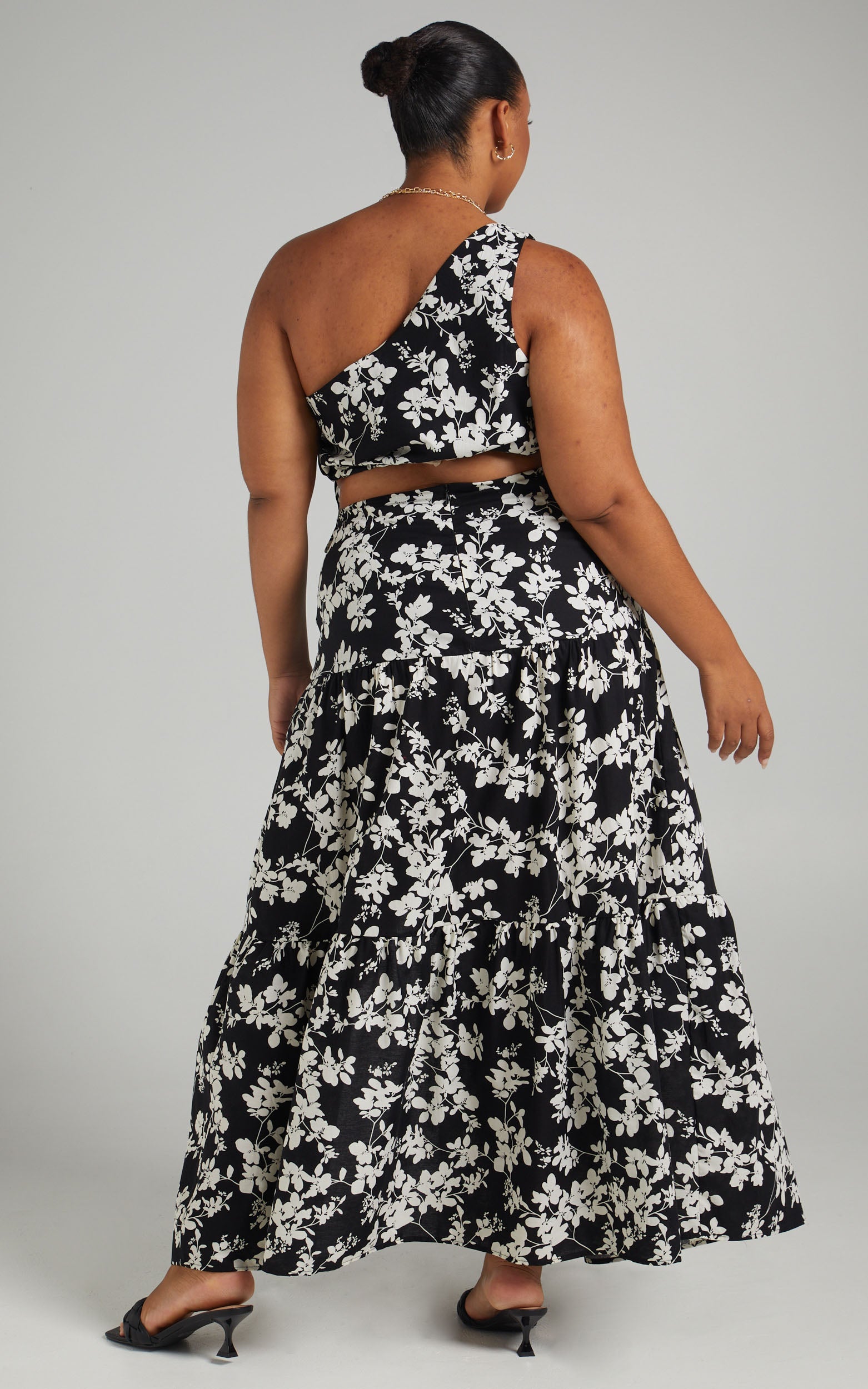 Meghan Two Piece Set - One Shoulder Crop Top and Midi Skirt Set in Black Floral