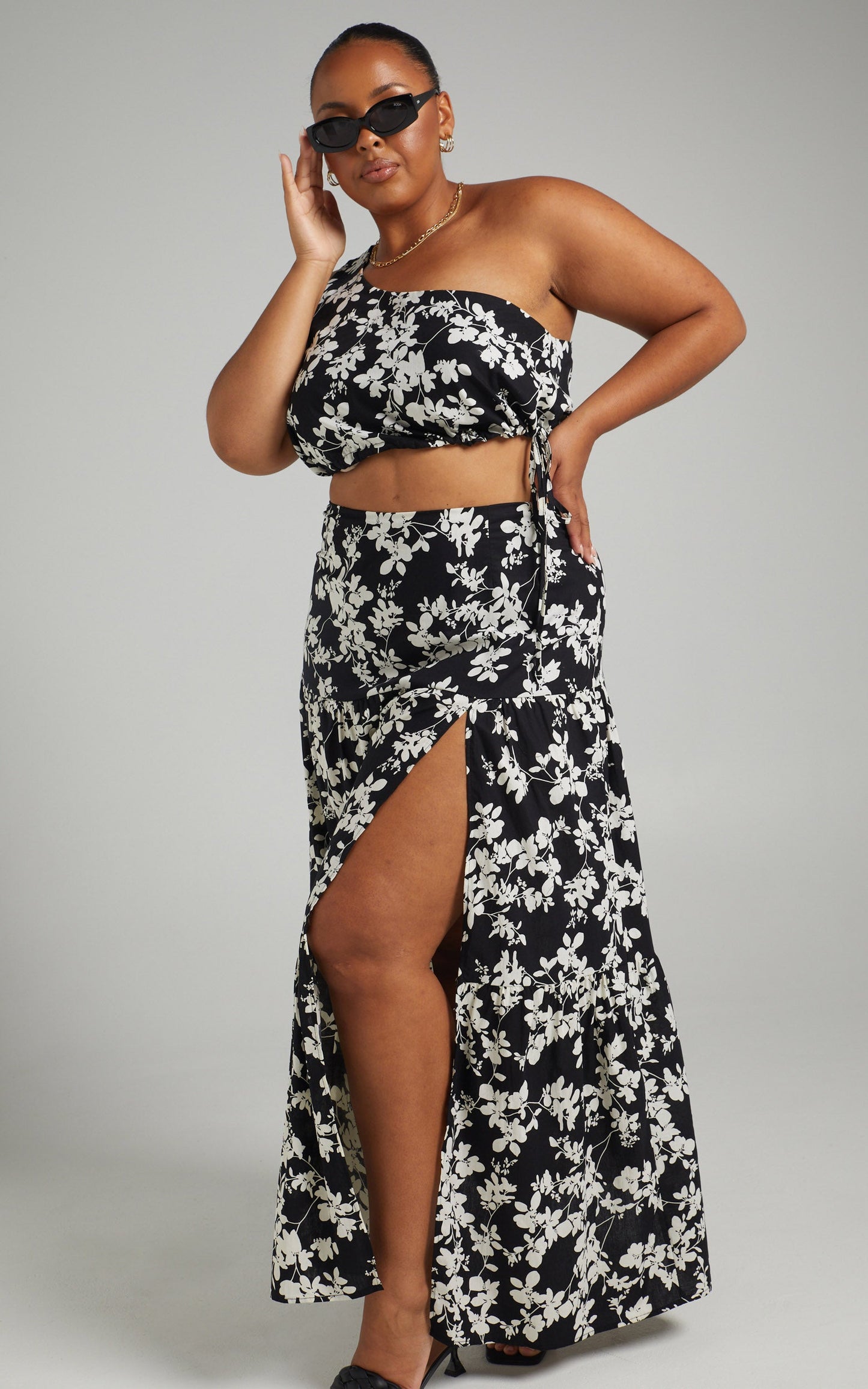 Meghan Two Piece Set - One Shoulder Crop Top and Midi Skirt Set in Black Floral