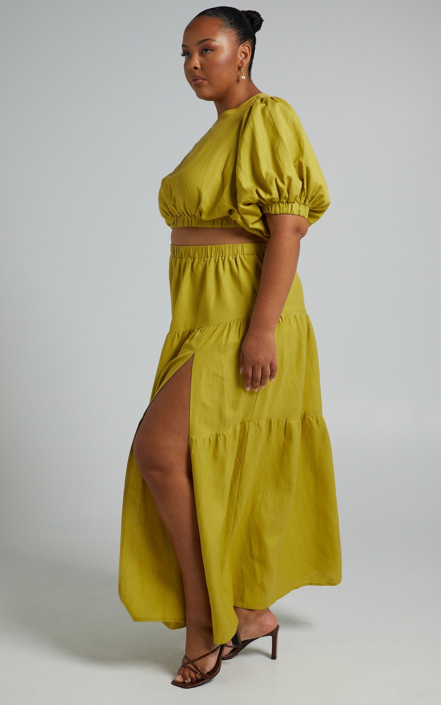 Astrid Two Piece Set - Linen Long Sleeve Top and Thigh Split Midi Skirt Set in Green