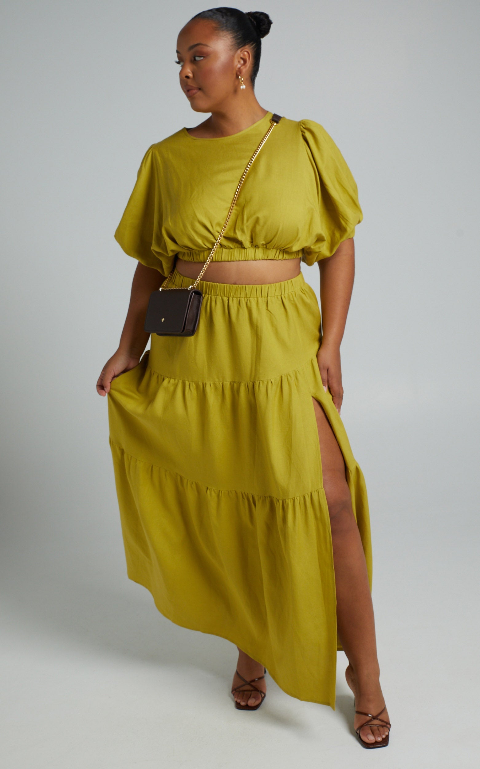 Astrid Two Piece Set - Linen Long Sleeve Top and Thigh Split Midi Skirt Set in Green