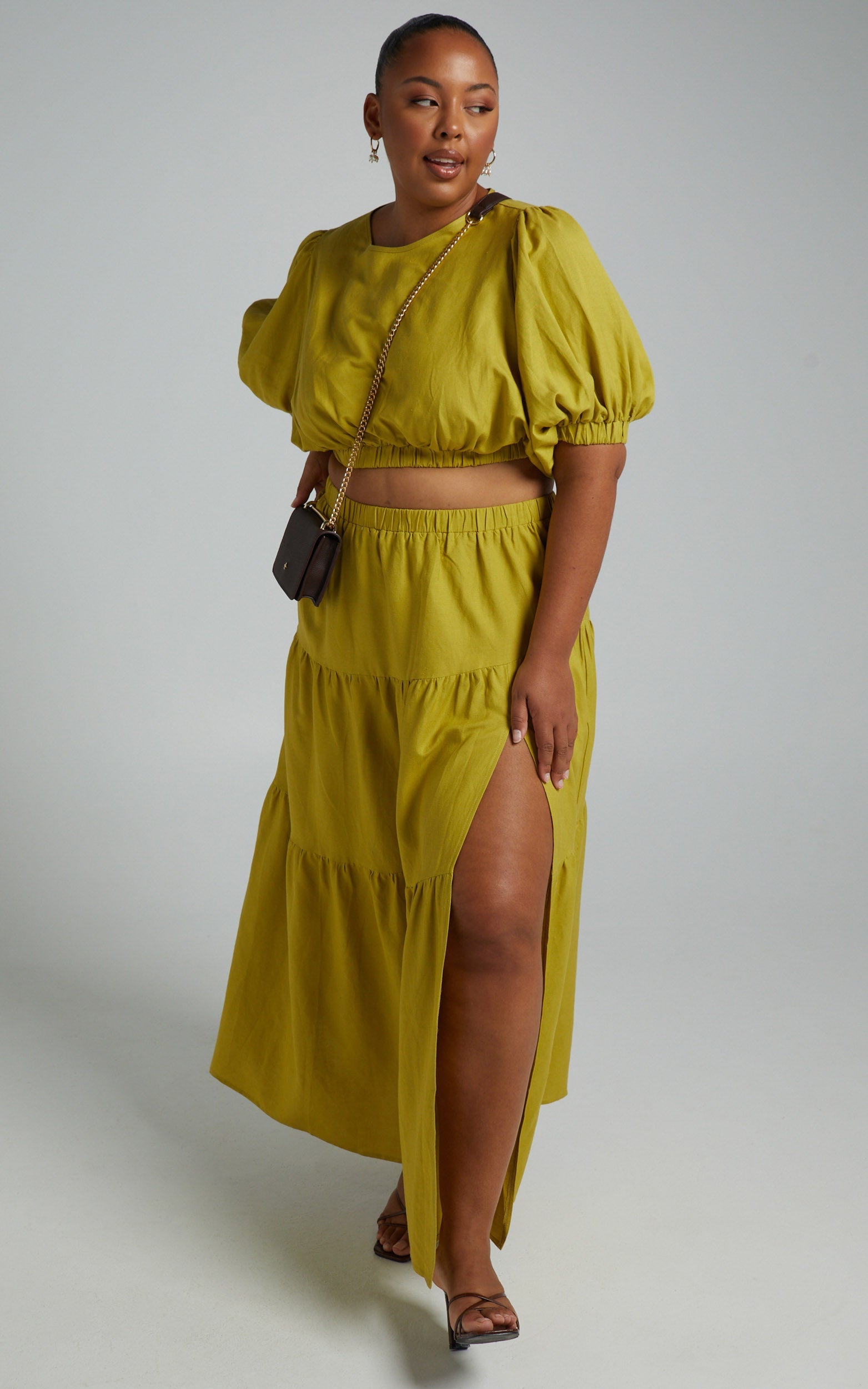 Astrid Two Piece Set - Linen Long Sleeve Top and Thigh Split Midi Skirt Set in Green