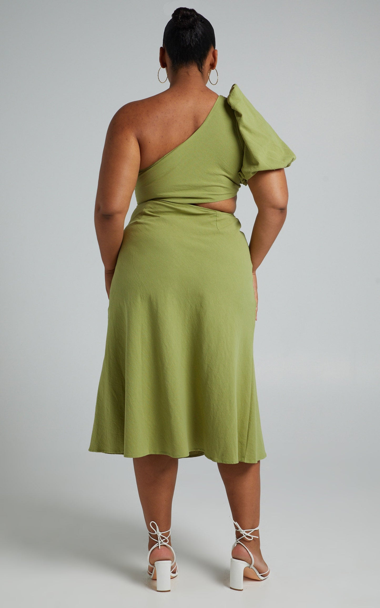 Marcia Midi Dress - One Shoulder Dress with Side Cut Out in Green Linen Look