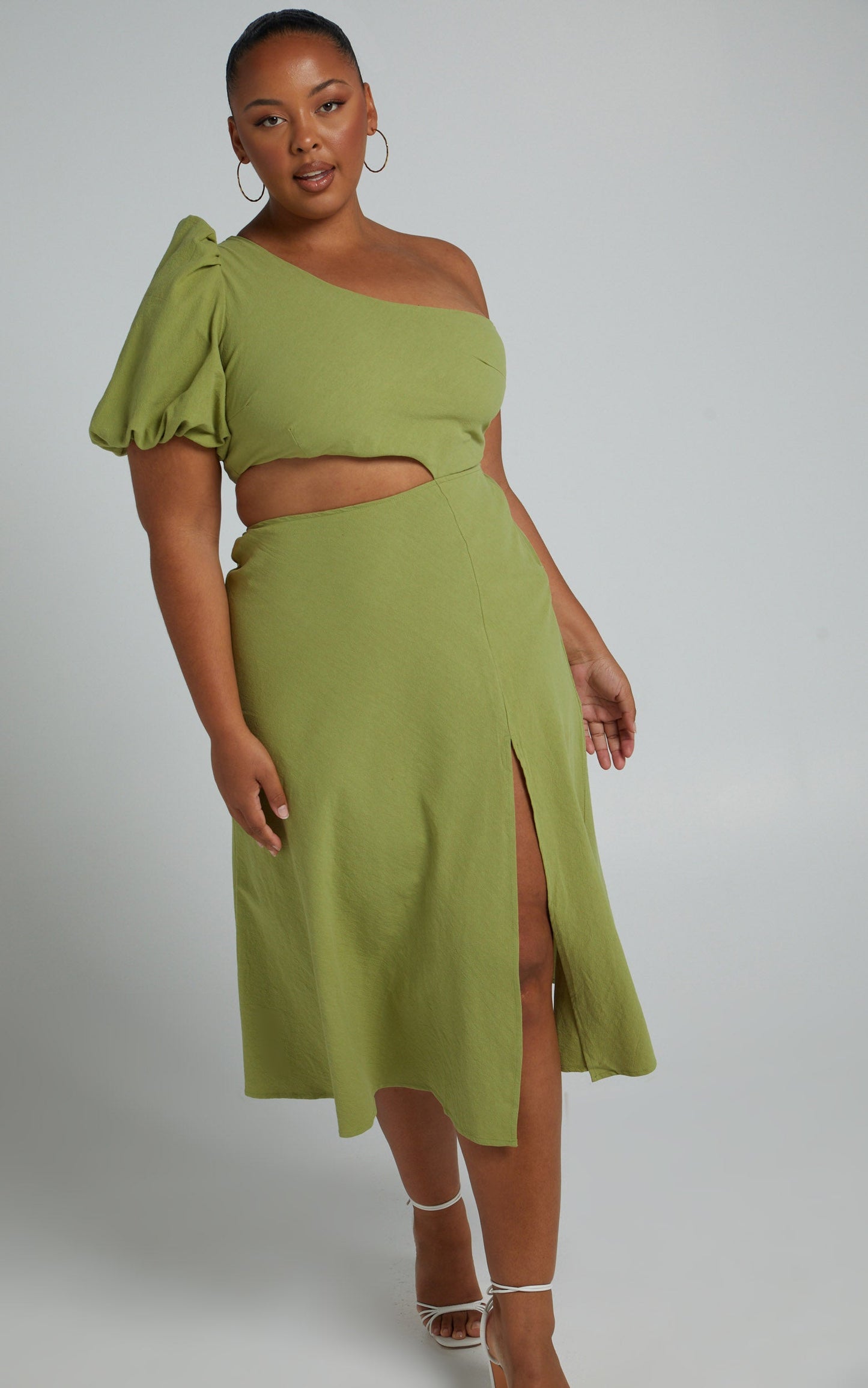 Marcia Midi Dress - One Shoulder Dress with Side Cut Out in Green Linen Look
