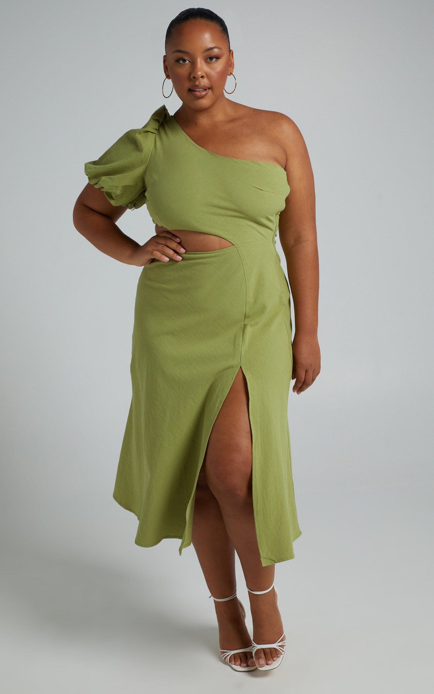 Marcia Midi Dress - One Shoulder Dress with Side Cut Out in Green Linen Look
