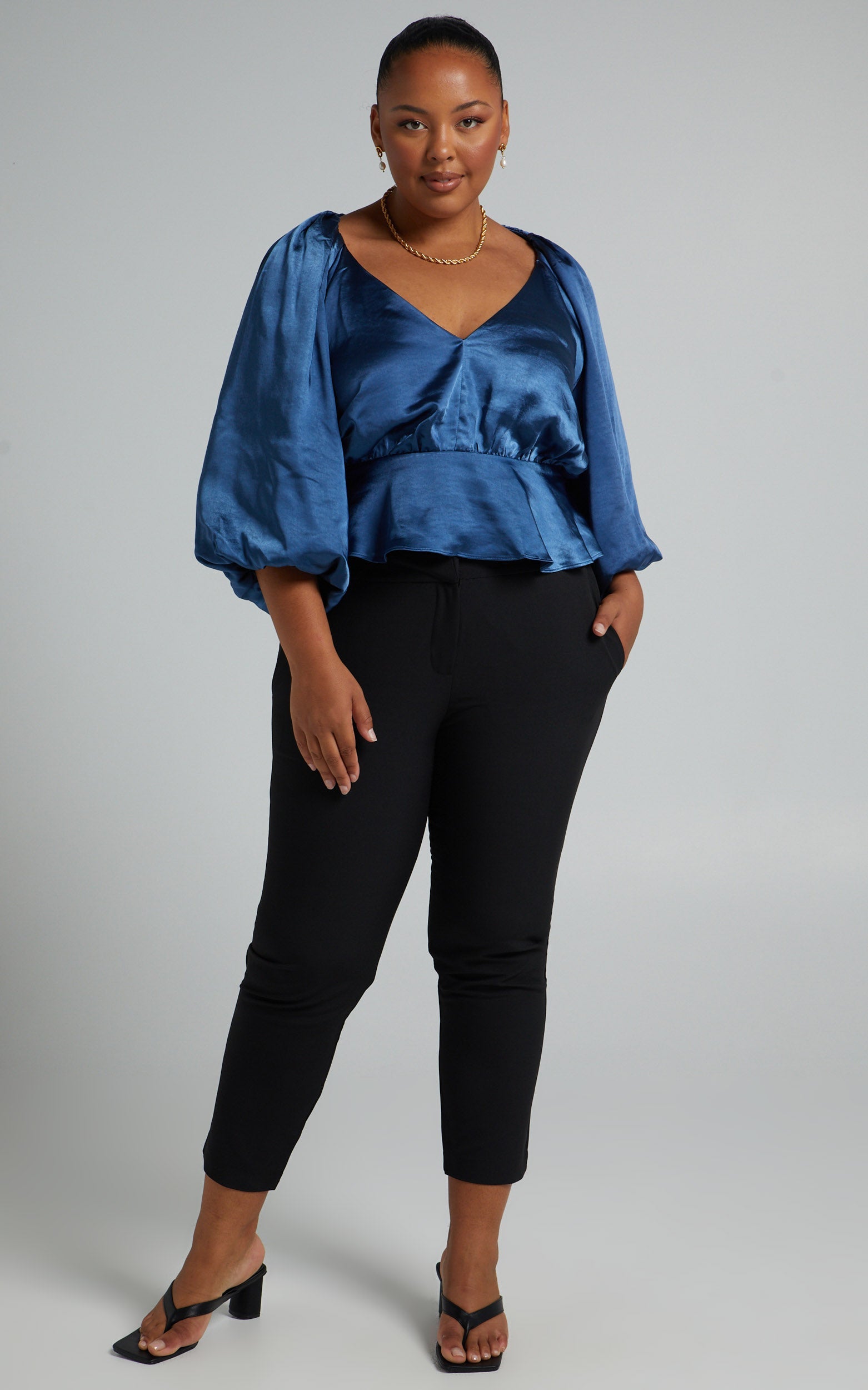Rosette Balloon Sleeve Top in Dusty Blue