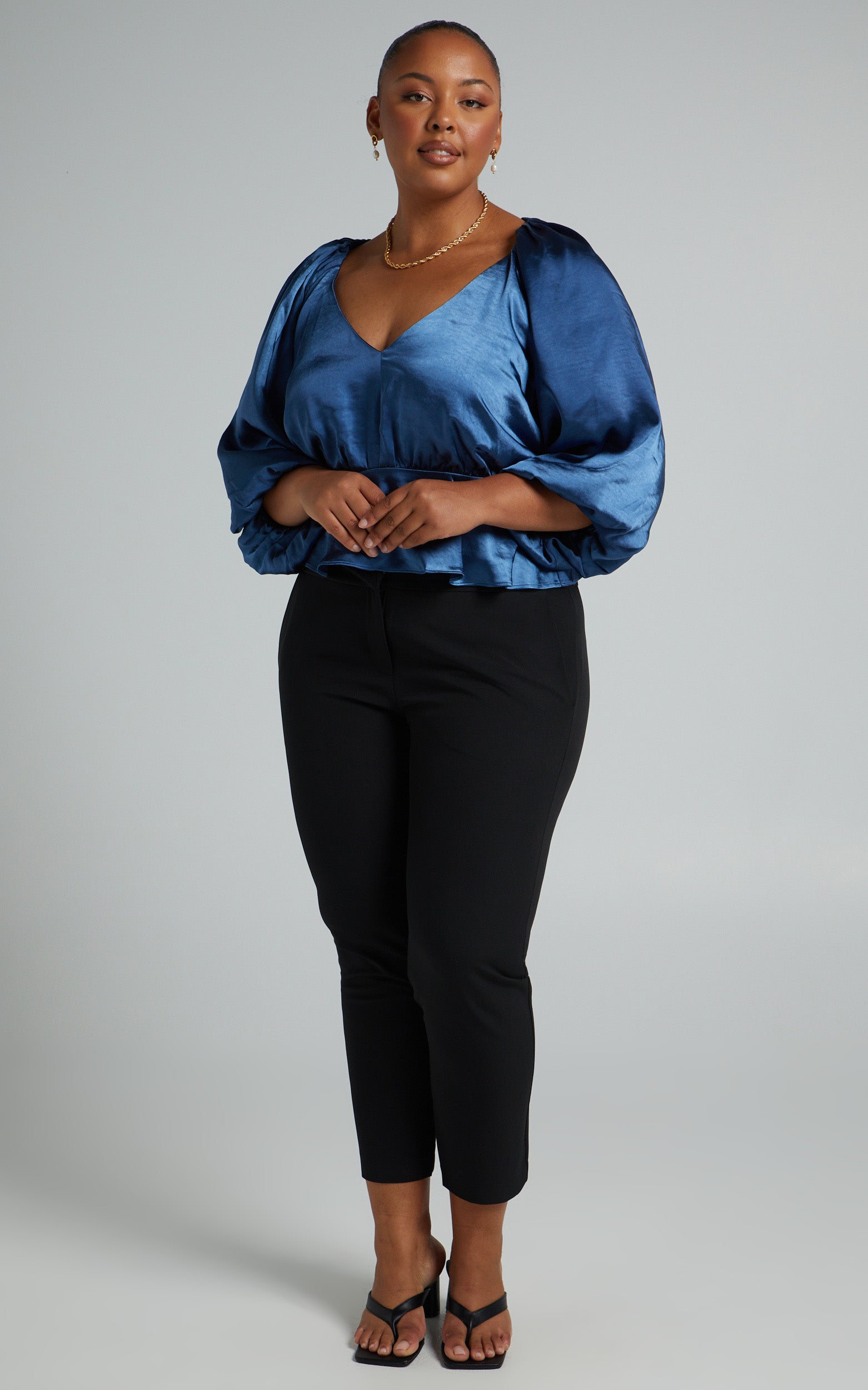 Rosette Balloon Sleeve Top in Dusty Blue