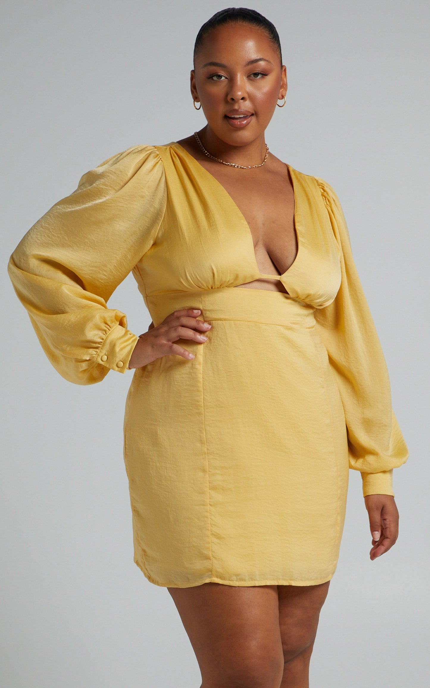 Abarca Panelled Balloon Sleeve Mini Dress in Pale Yellow