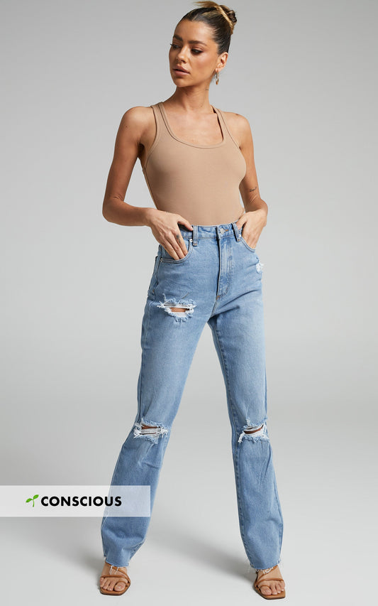 Precila Jeans - Ripped Straight Leg Denim Jeans in Mid Blue Wash