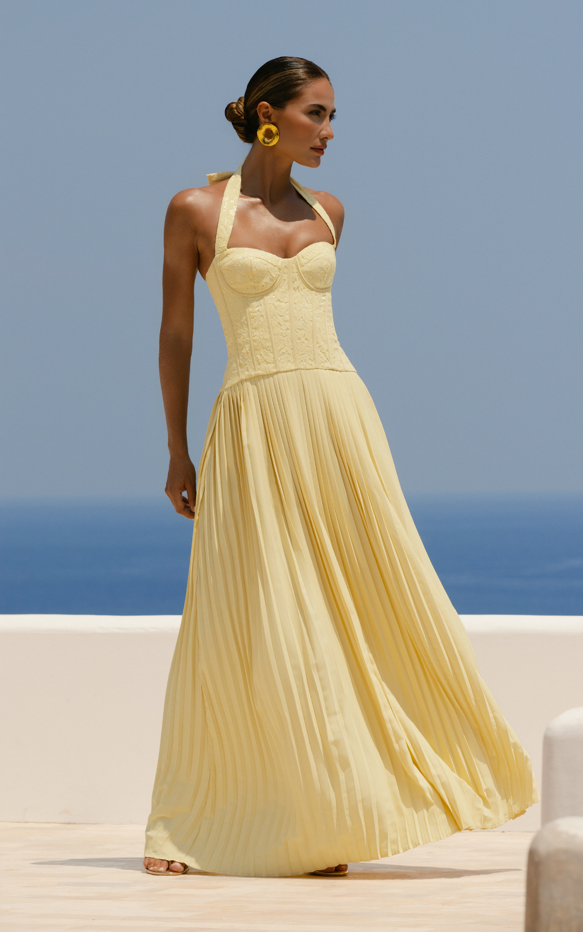 Malia Maxi Dress - Lace Corset Bodice Contrast Pleated Skirt Halter Dress in Lemon