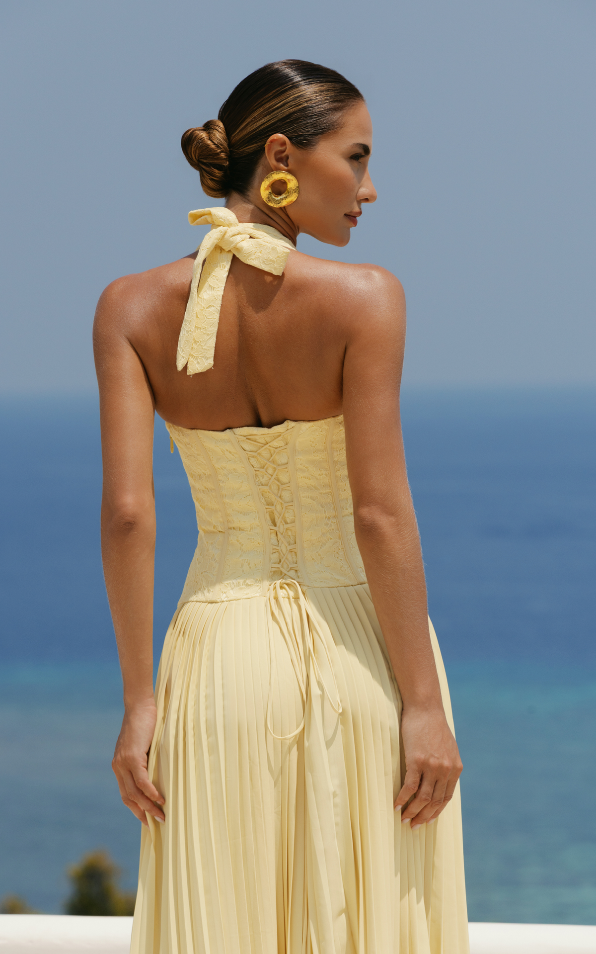 Malia Maxi Dress - Lace Corset Bodice Contrast Pleated Skirt Halter Dress in Lemon