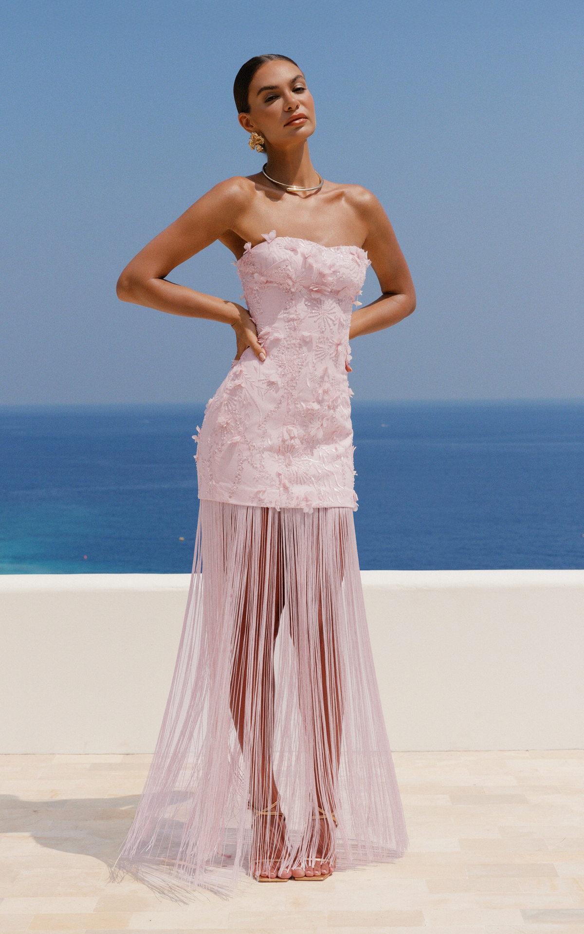 Ellie Maxi Dress - Embellished 3D Floral Bodice Drop Waist With Fringe Skirt in Pink