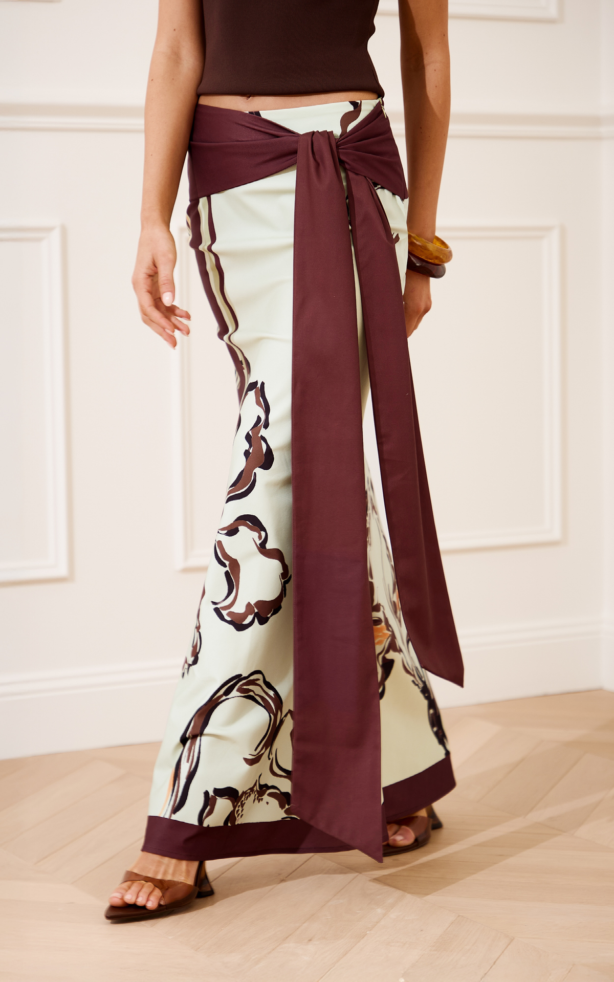 Katherine Maxi Skirt - Tie Waist Skirt in Pistachio Line Floral Print