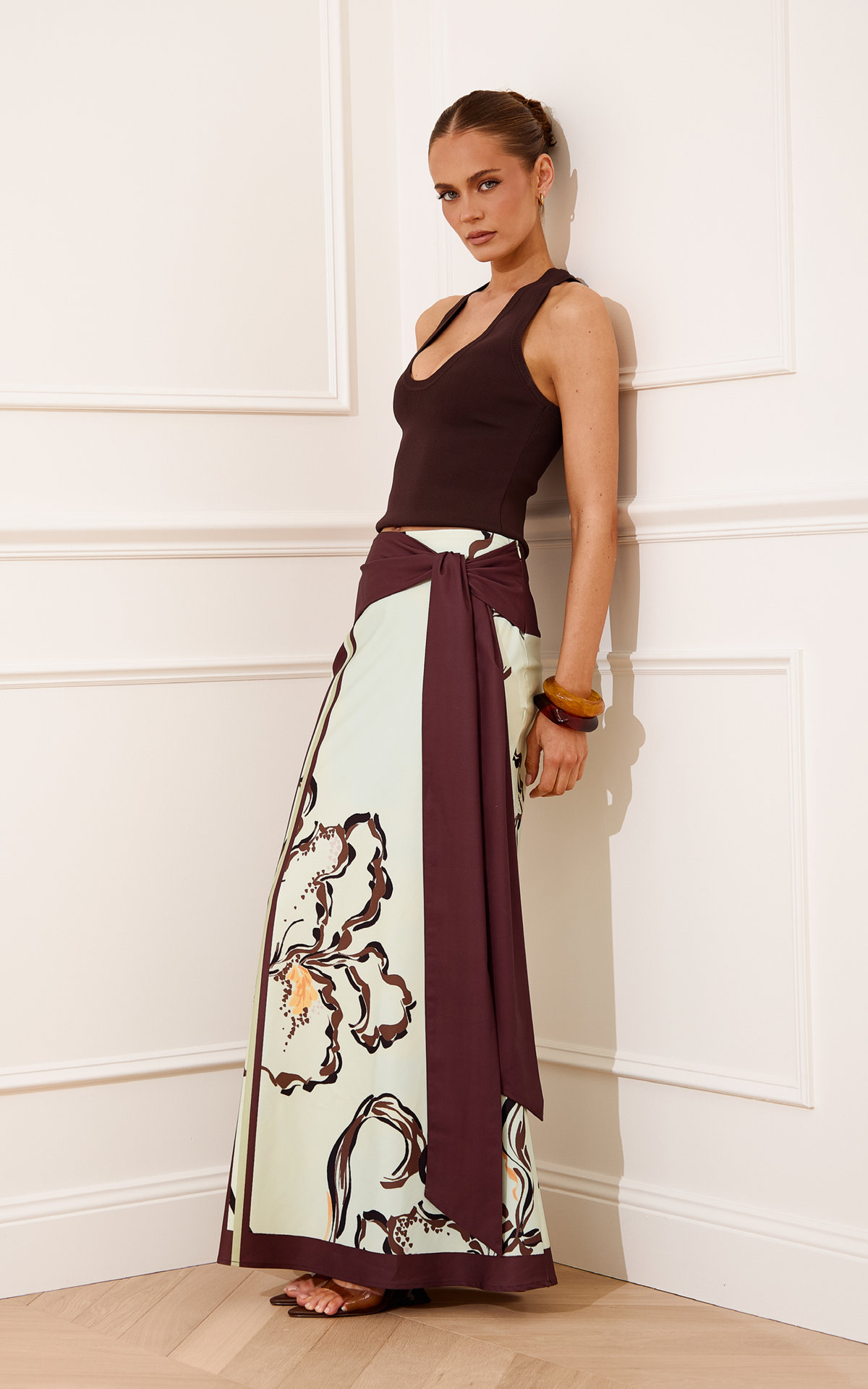 Katherine Maxi Skirt - Tie Waist Skirt in Pistachio Line Floral Print