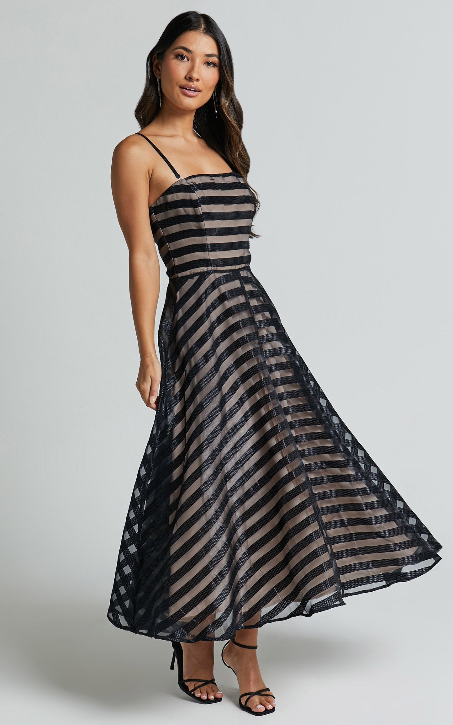 Paige Midi Dress - Removable Strap Sheer Striped Dress in Black Stripe