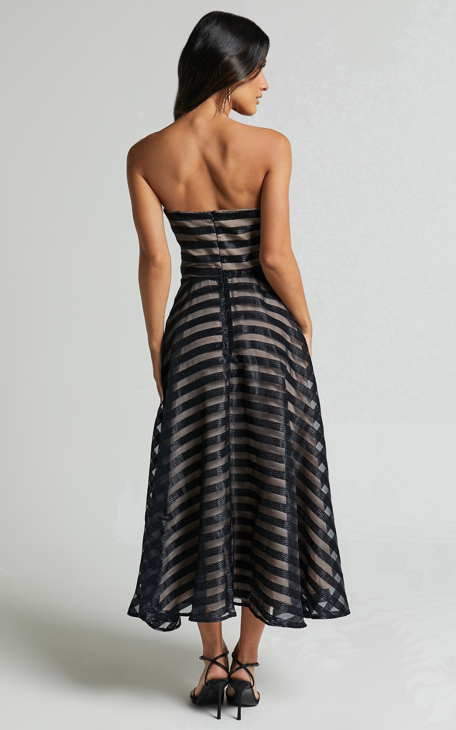 Paige Midi Dress - Removable Strap Sheer Striped Dress in Black Stripe