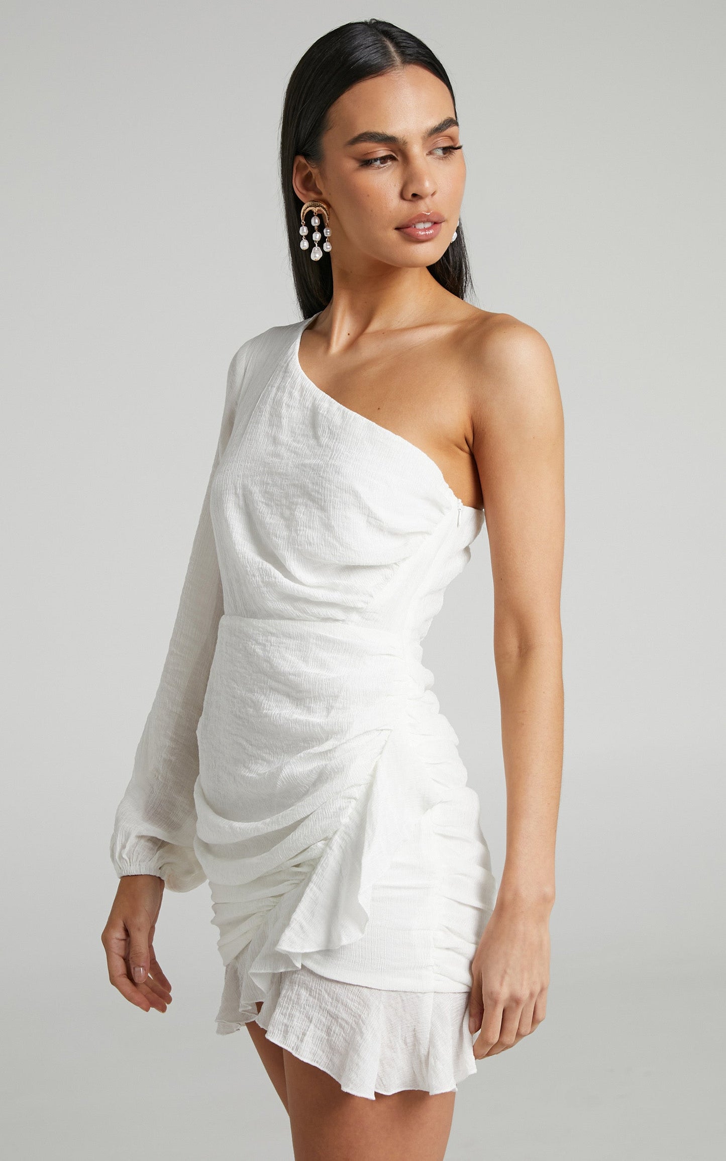 Paige Mini Dress - One Shoulder Frill Hem Wrap Skirt Dress in White