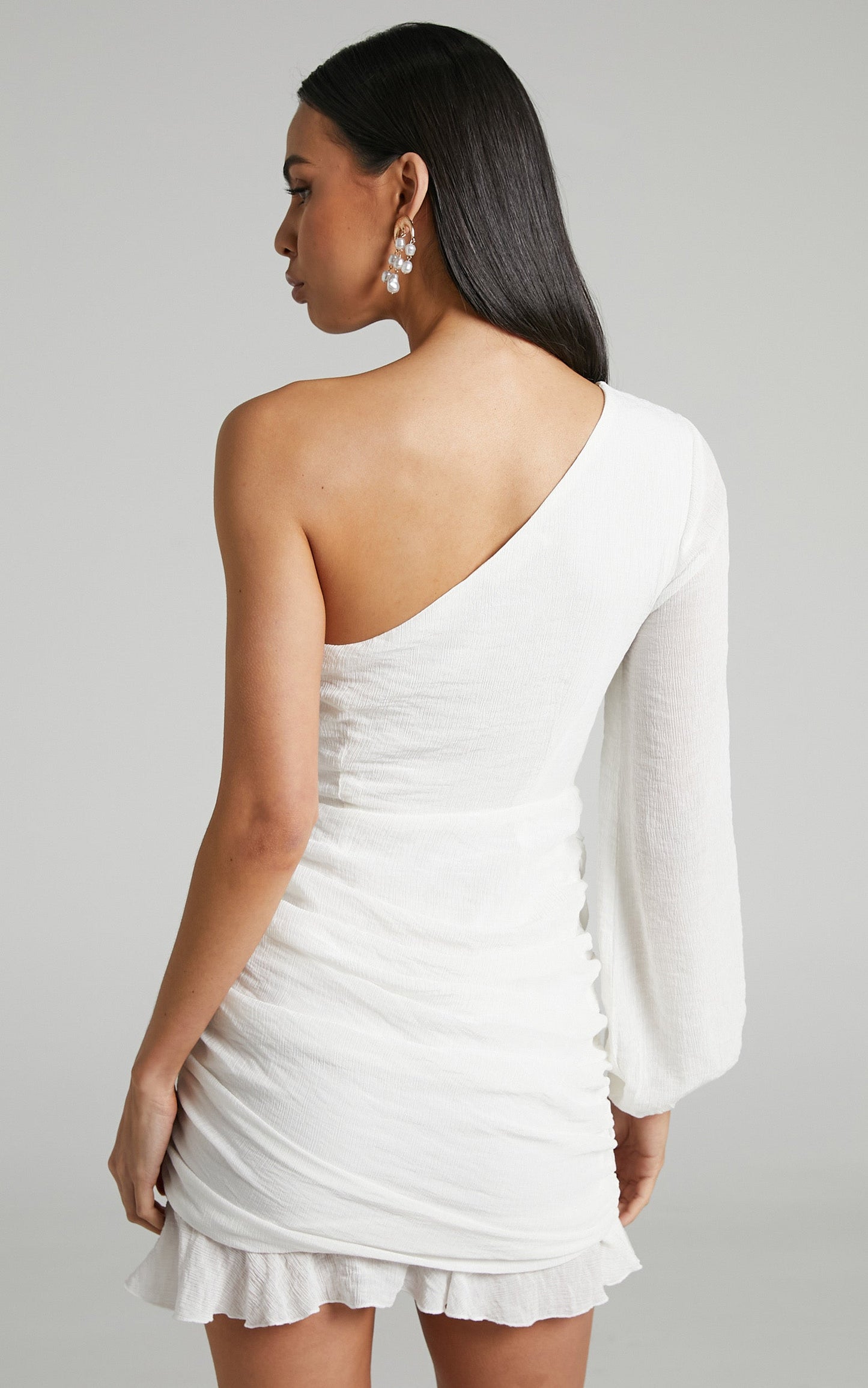 Paige Mini Dress - One Shoulder Frill Hem Wrap Skirt Dress in White