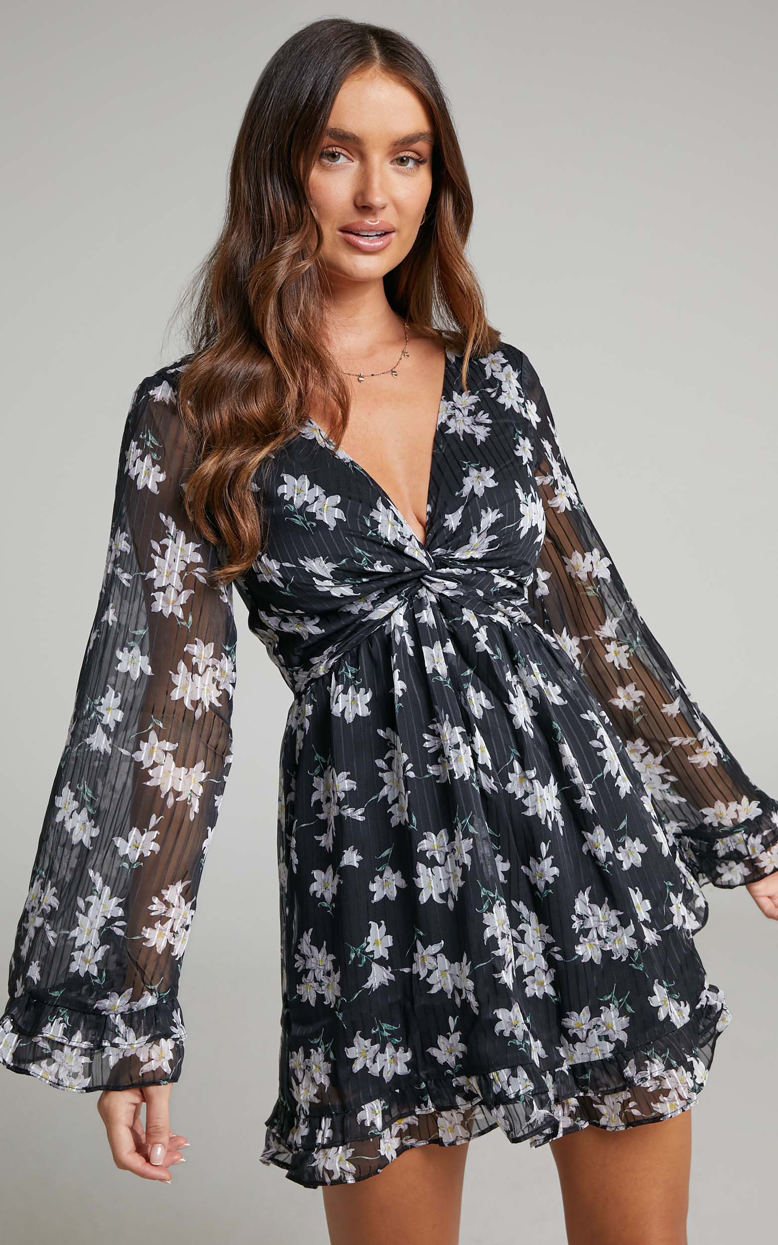 Paislee Open Back Long Sleeve Mini Dress in Black Floral