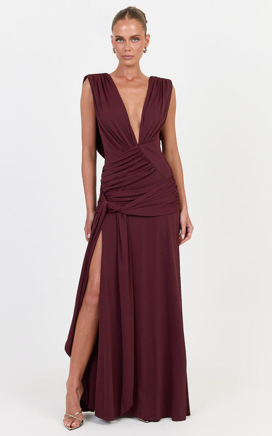 Paisley Maxi Dress - Deep V Plunge Neck Dress With Asym Hip Drape And Leg Split in Plum