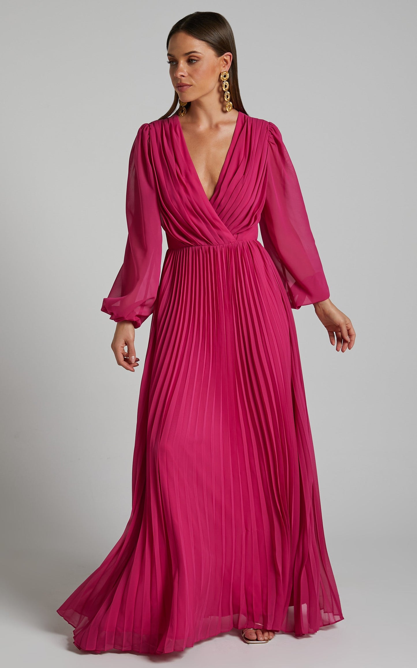 Palatine Maxi Dress - Long Sleeve Wrap Pleated Dress in Pink
