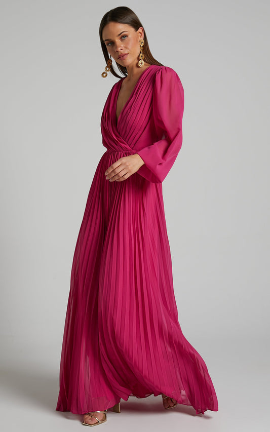 Palatine Maxi Dress - Long Sleeve Wrap Pleated Dress in Pink