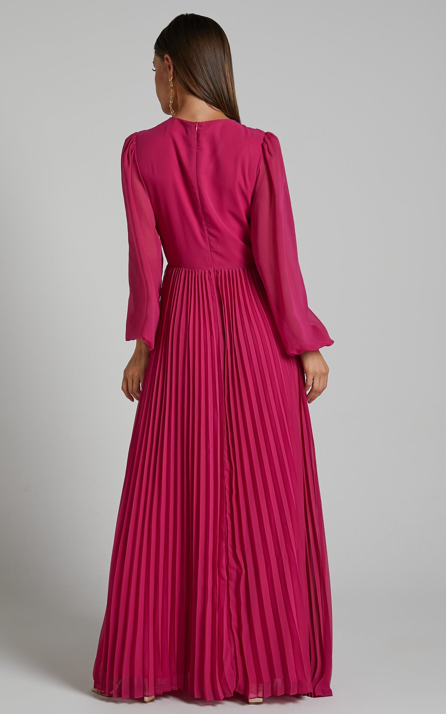Palatine Maxi Dress - Long Sleeve Wrap Pleated Dress in Pink