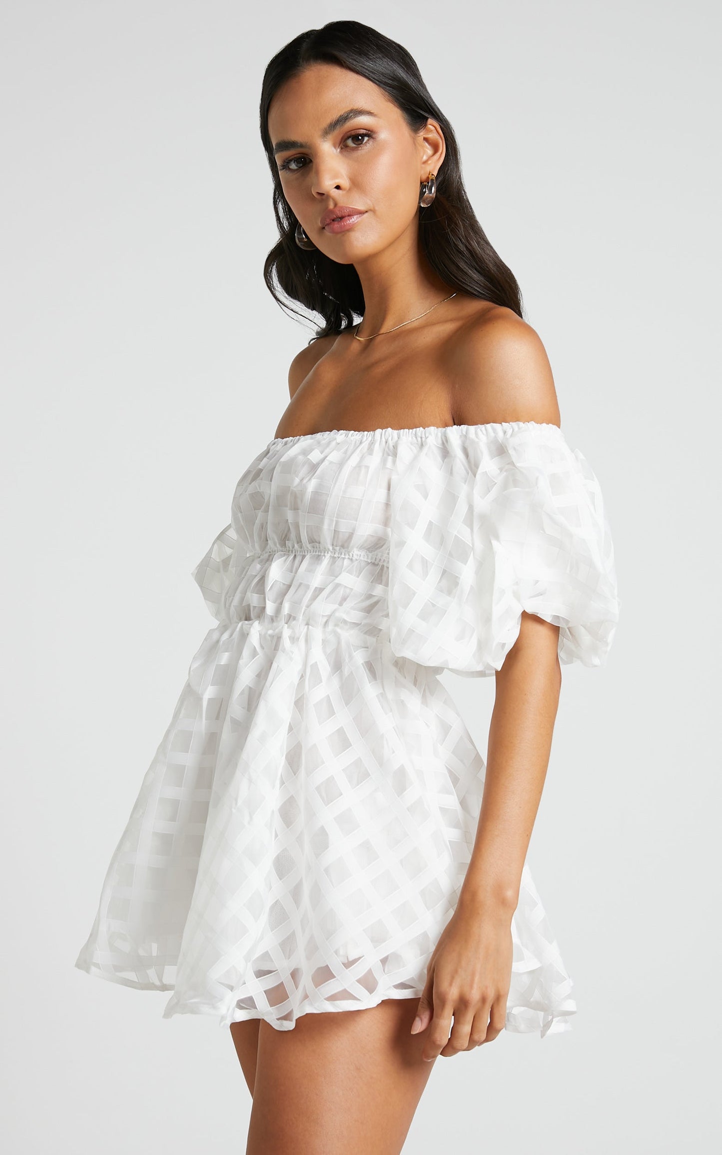 Paloma Mini Dress - Off Shoulder Puff Sleeve Textured Net Dress in White