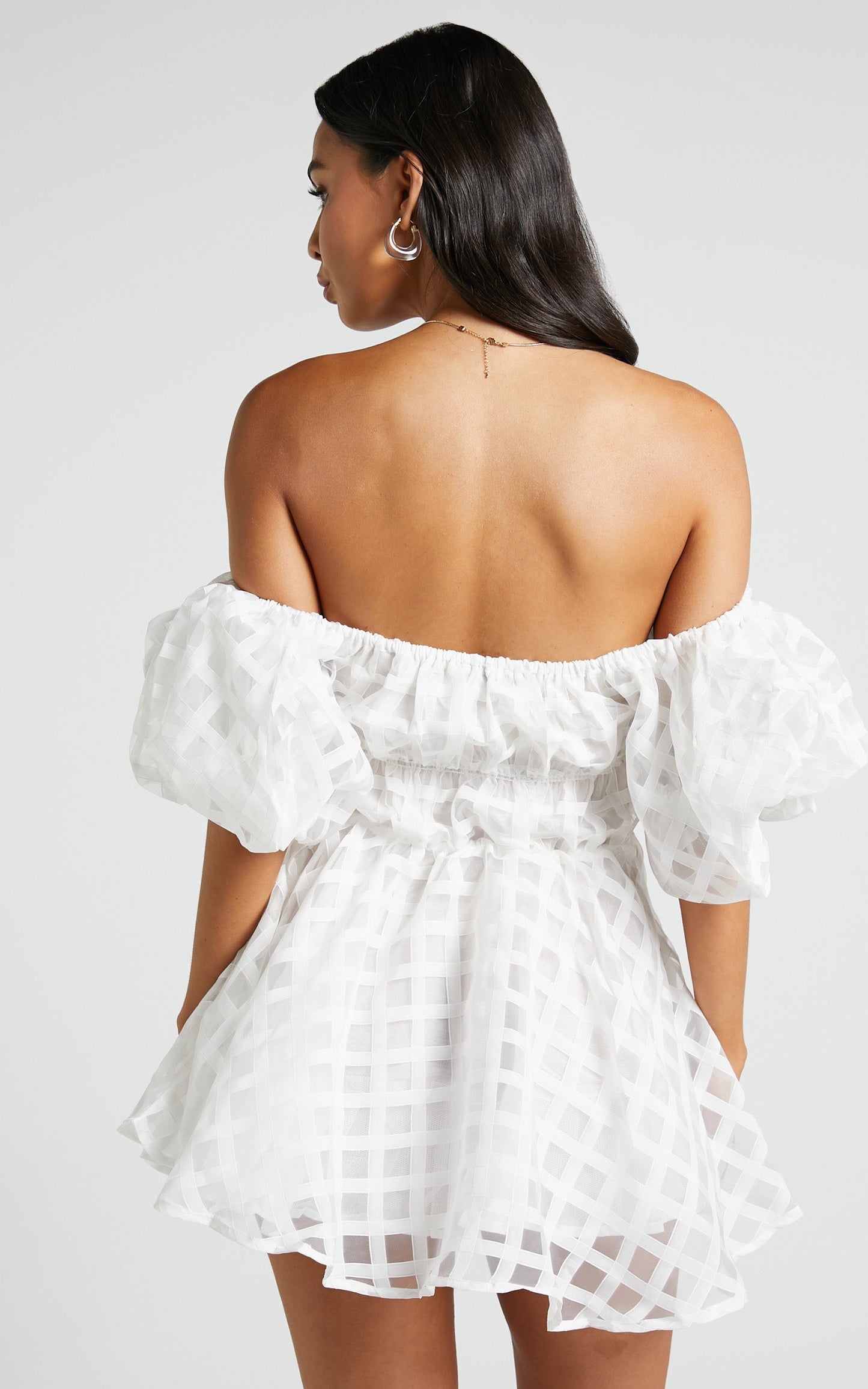 Paloma Mini Dress - Off Shoulder Puff Sleeve Textured Net Dress in White