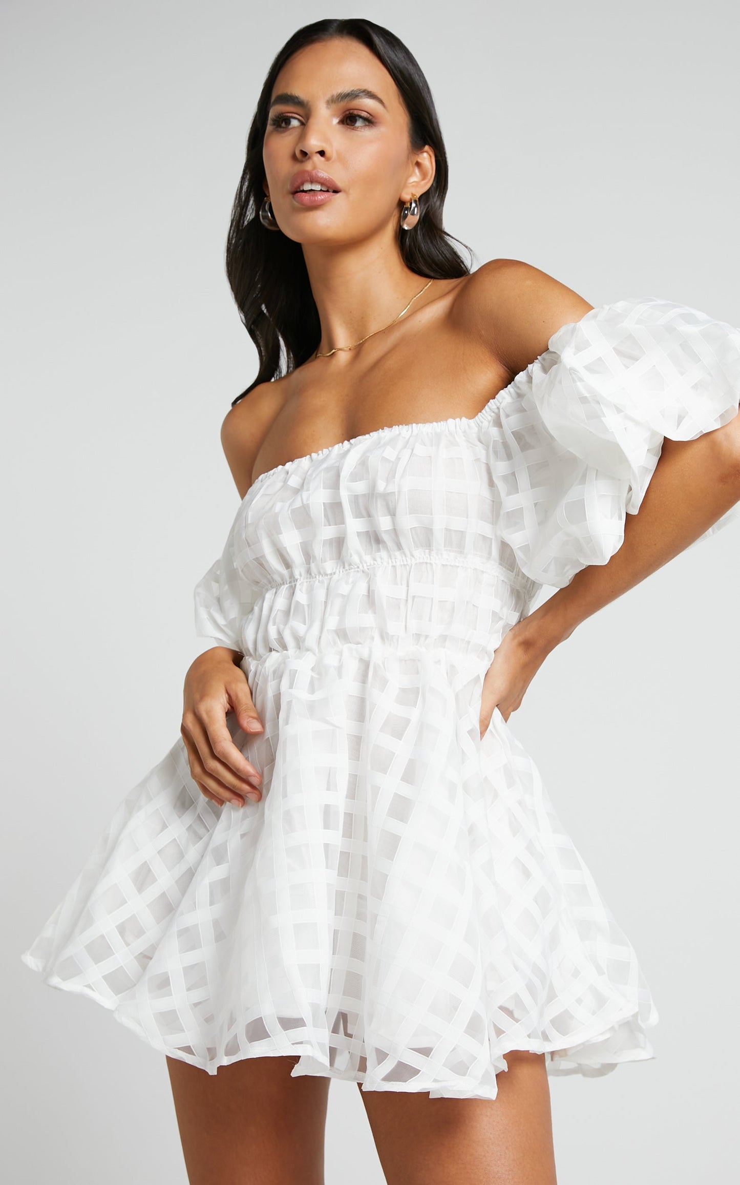Paloma Mini Dress - Off Shoulder Puff Sleeve Textured Net Dress in White