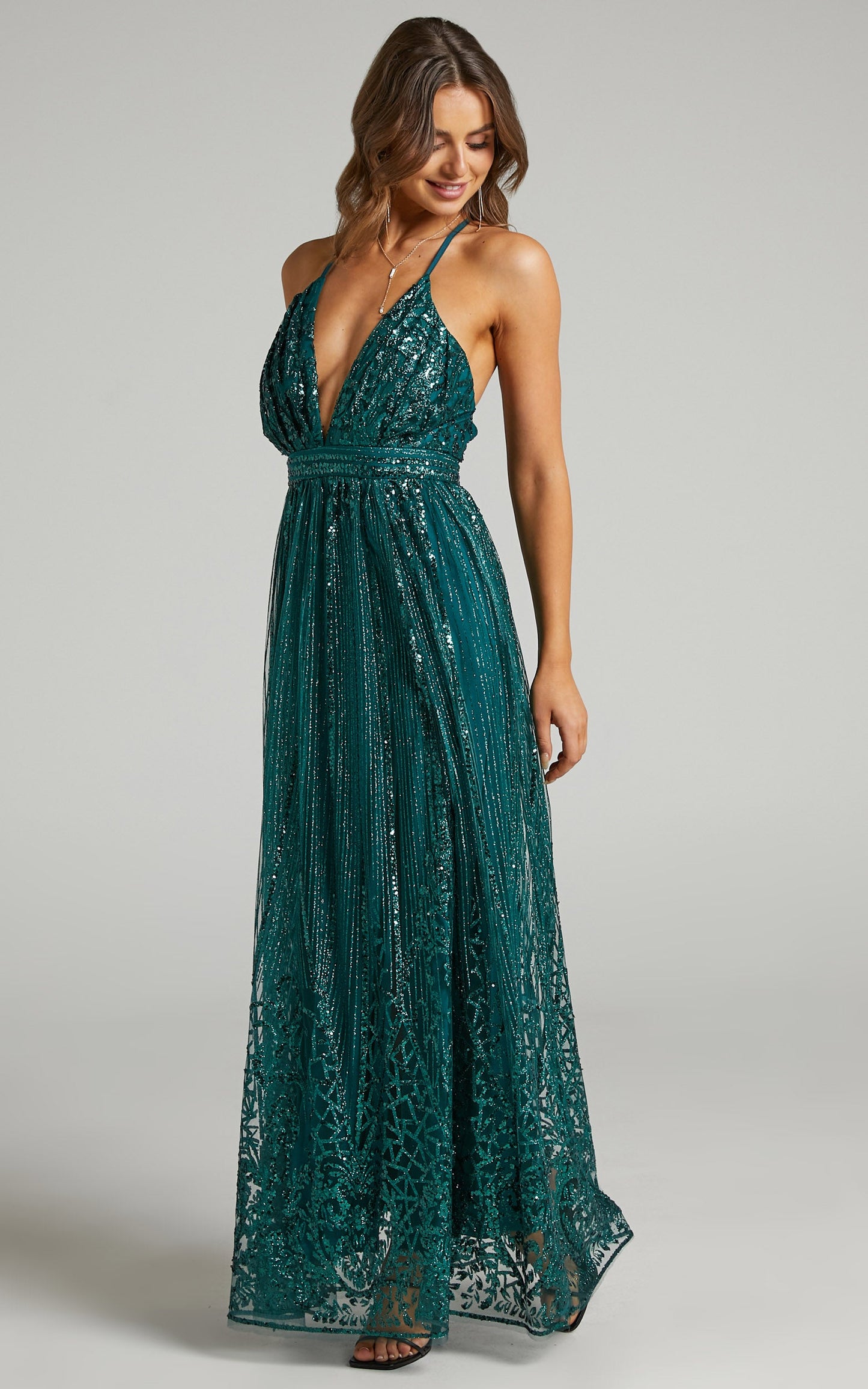 Paola Maxi Dress - Metallic Plunge Dress in Emerald