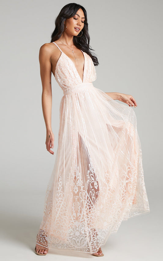 Paola Maxi Dress - Metallic Plunge Dress in Light Pink