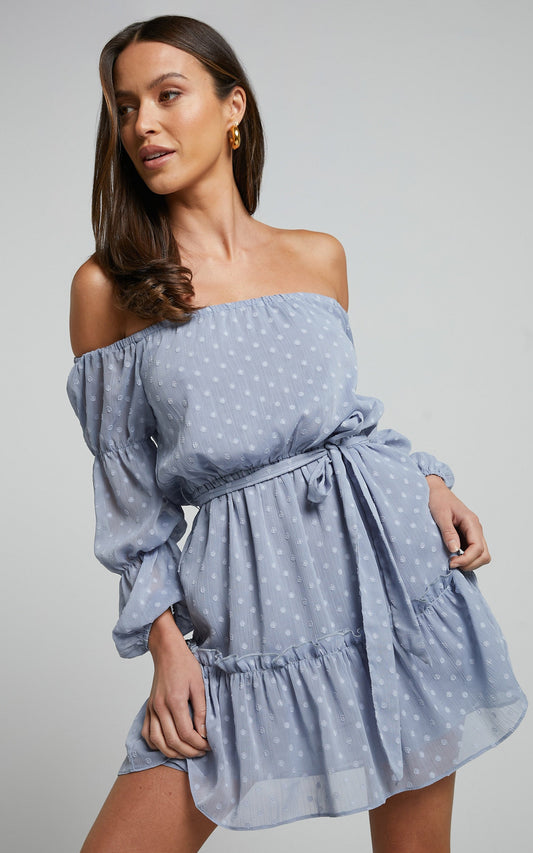 Party Life Off Shoulder Mini Dress in Light Blue